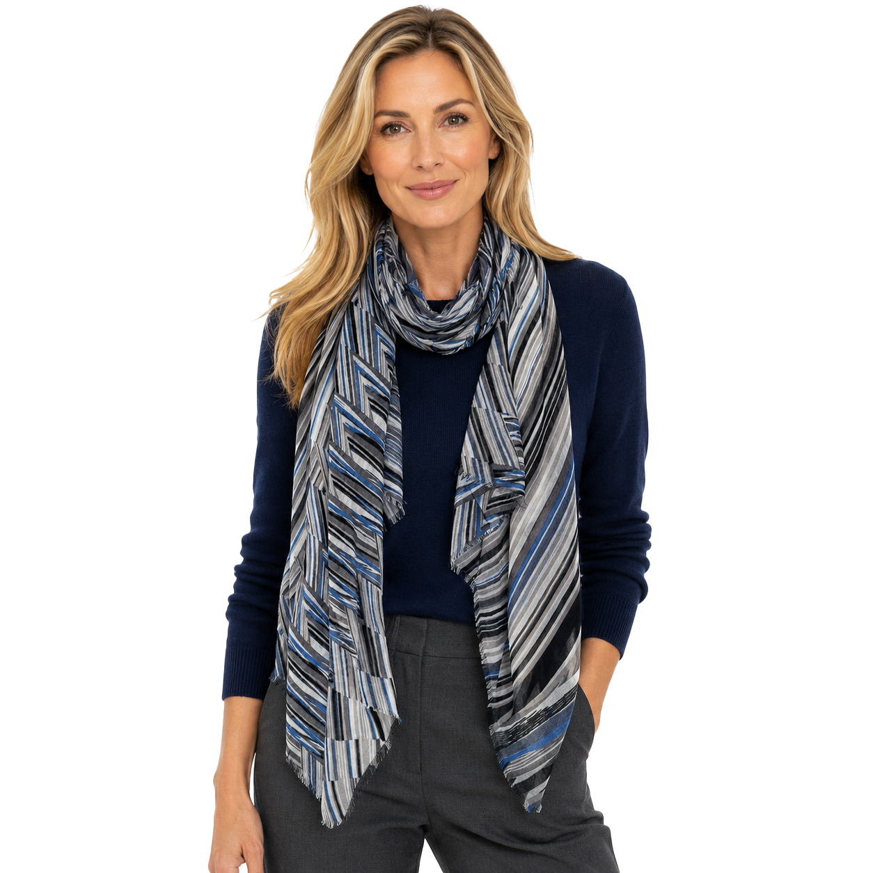 Blue Pacific Switchback Scarf in Denim, shown worn on a model against a white studio background.