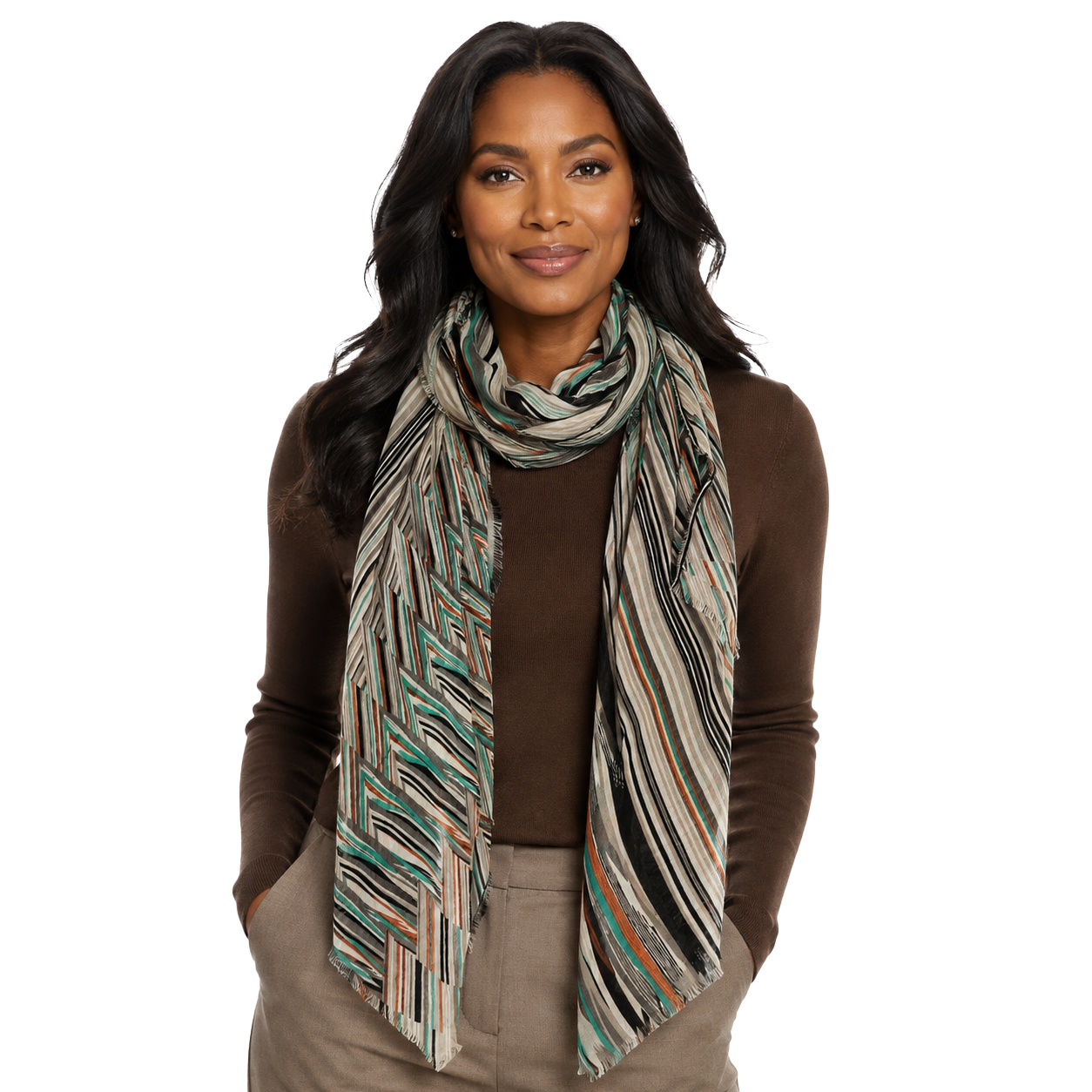 Blue Pacific Switchback Scarf in Dark Teal/Rust, shown worn on a model against a white studio background.