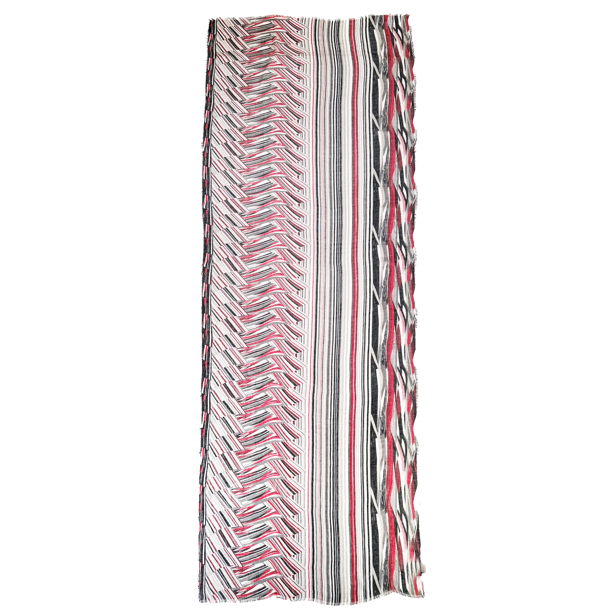 Blue Pacific Switchback Scarf in Crimson, shown laid flat to the full painterly stripe print.