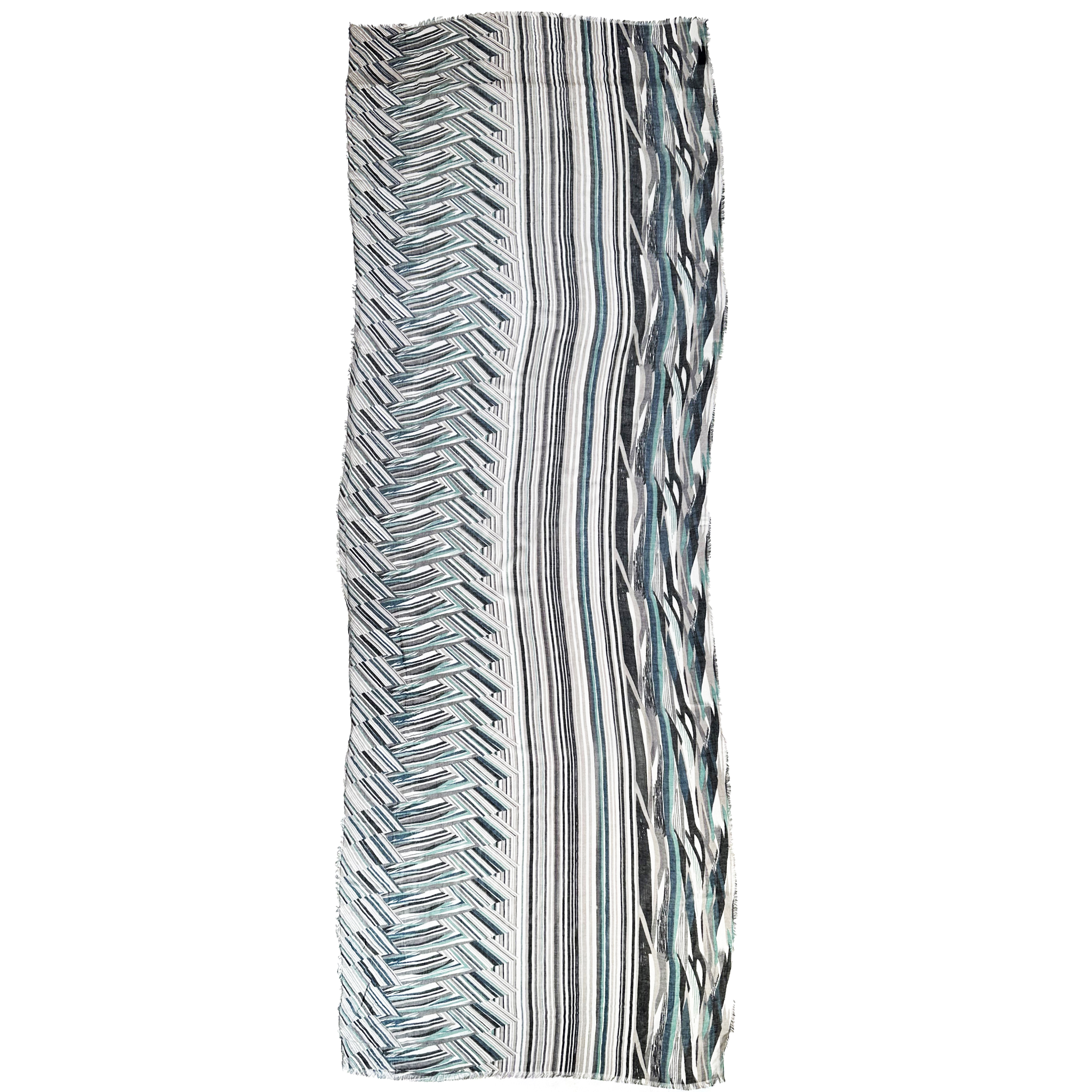 Blue Pacific Switchback Scarf in Dark Teal, shown laid flat to the full painterly stripe print.