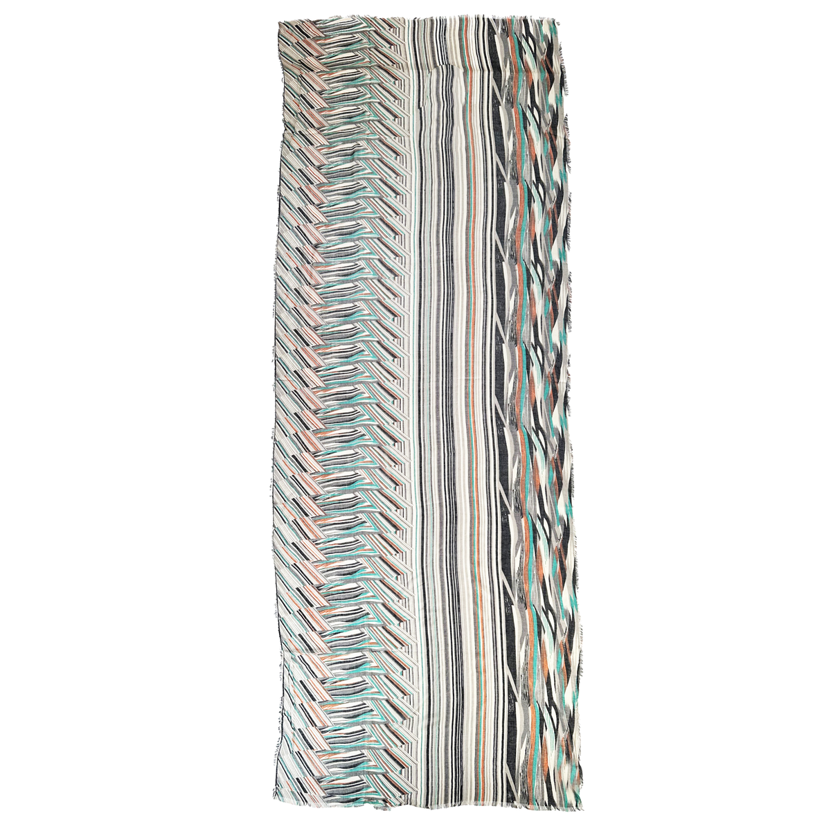Blue Pacific Switchback Scarf in Dark Teal/Rust, shown laid flat to the full painterly stripe print.