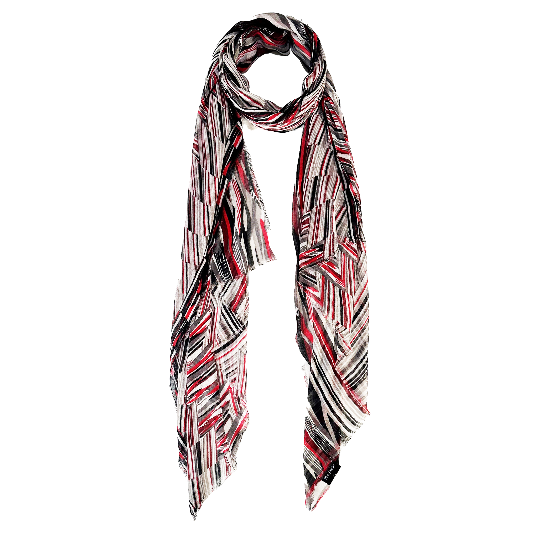 Blue Pacific Switchback Scarf in Crimson, shown looped once with both ends hanging down the front.