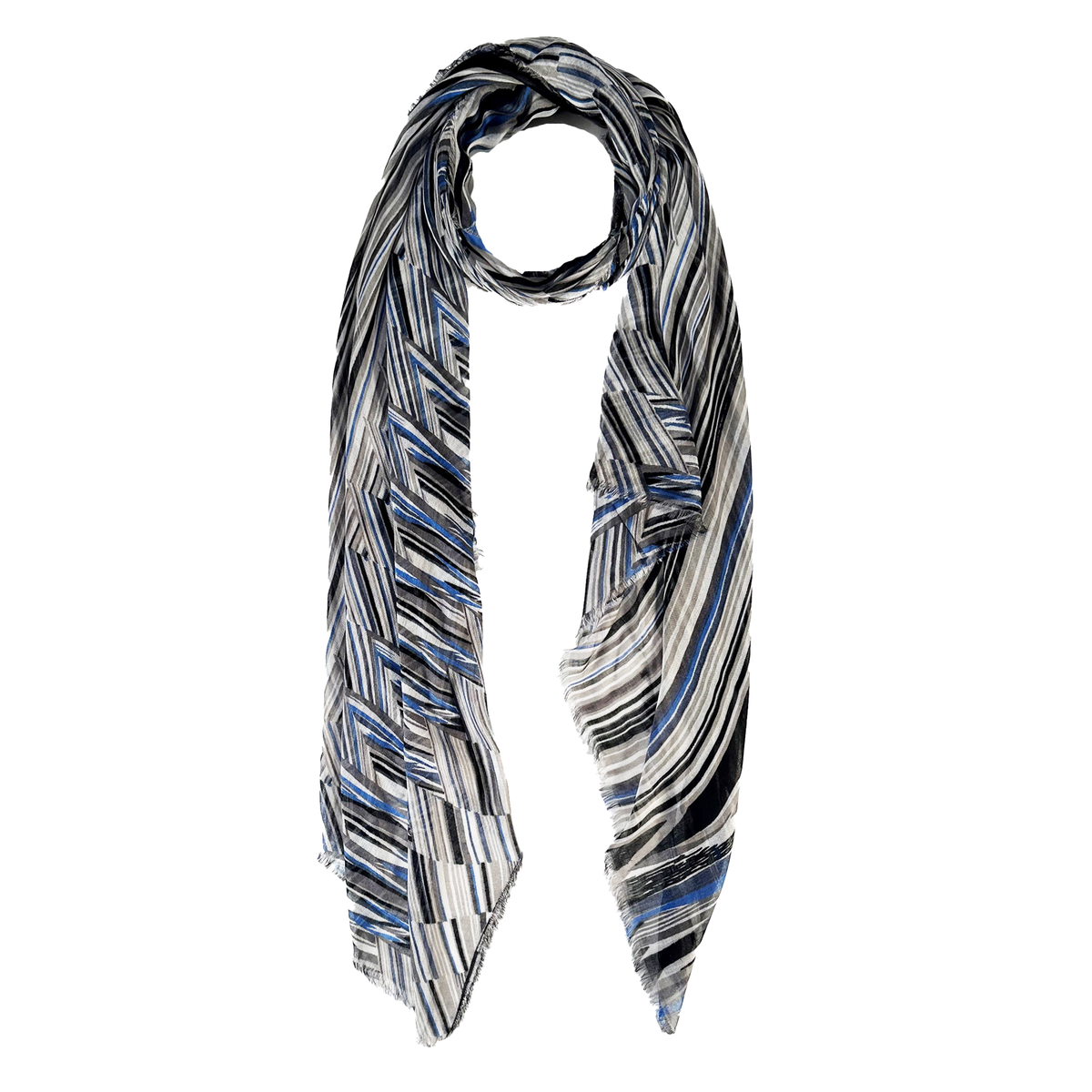 Blue Pacific Switchback Scarf in Denim, shown looped once with both ends hanging down the front.