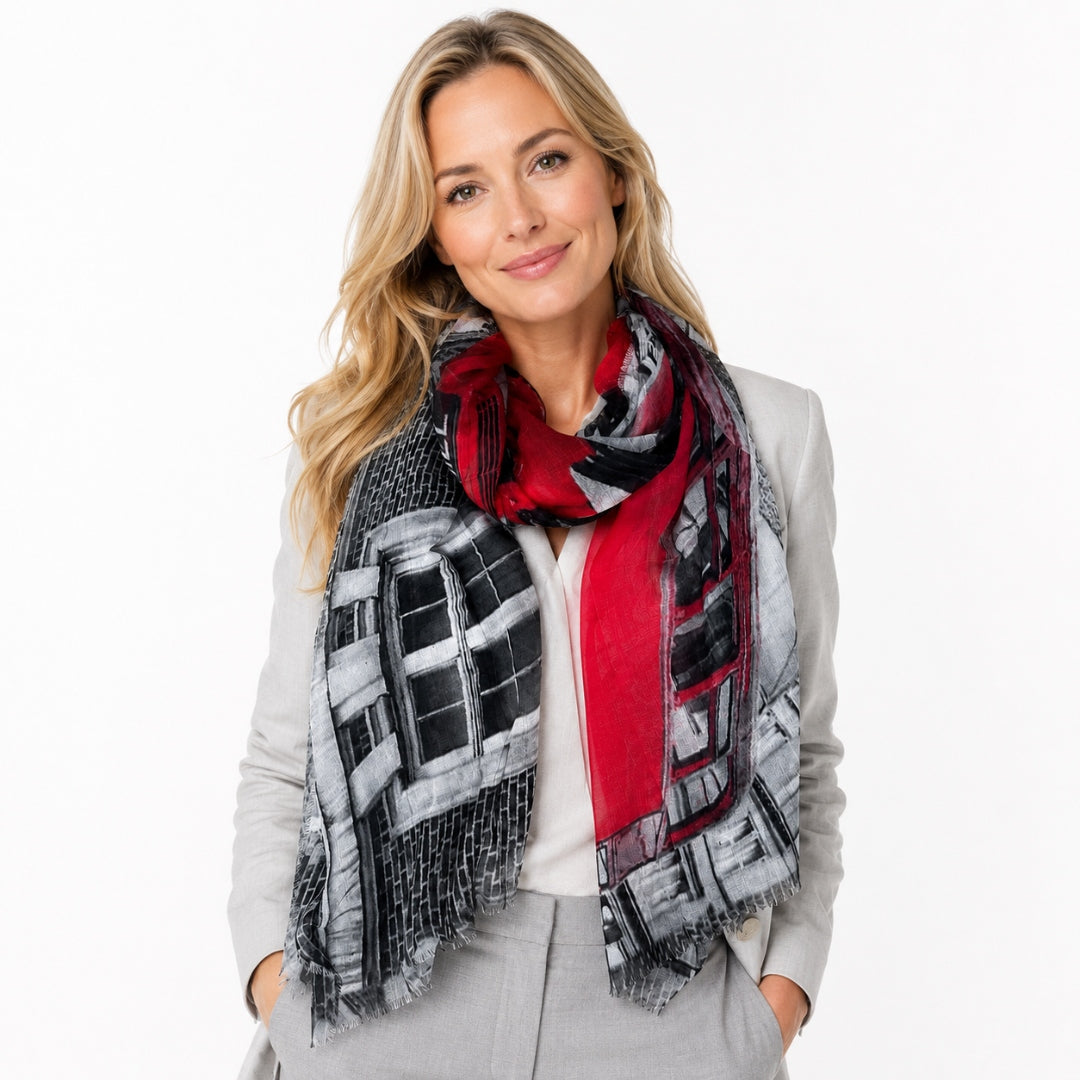 Blue Pacific Piccadilly London Bus scarf in black, white, and red, styled on a model.