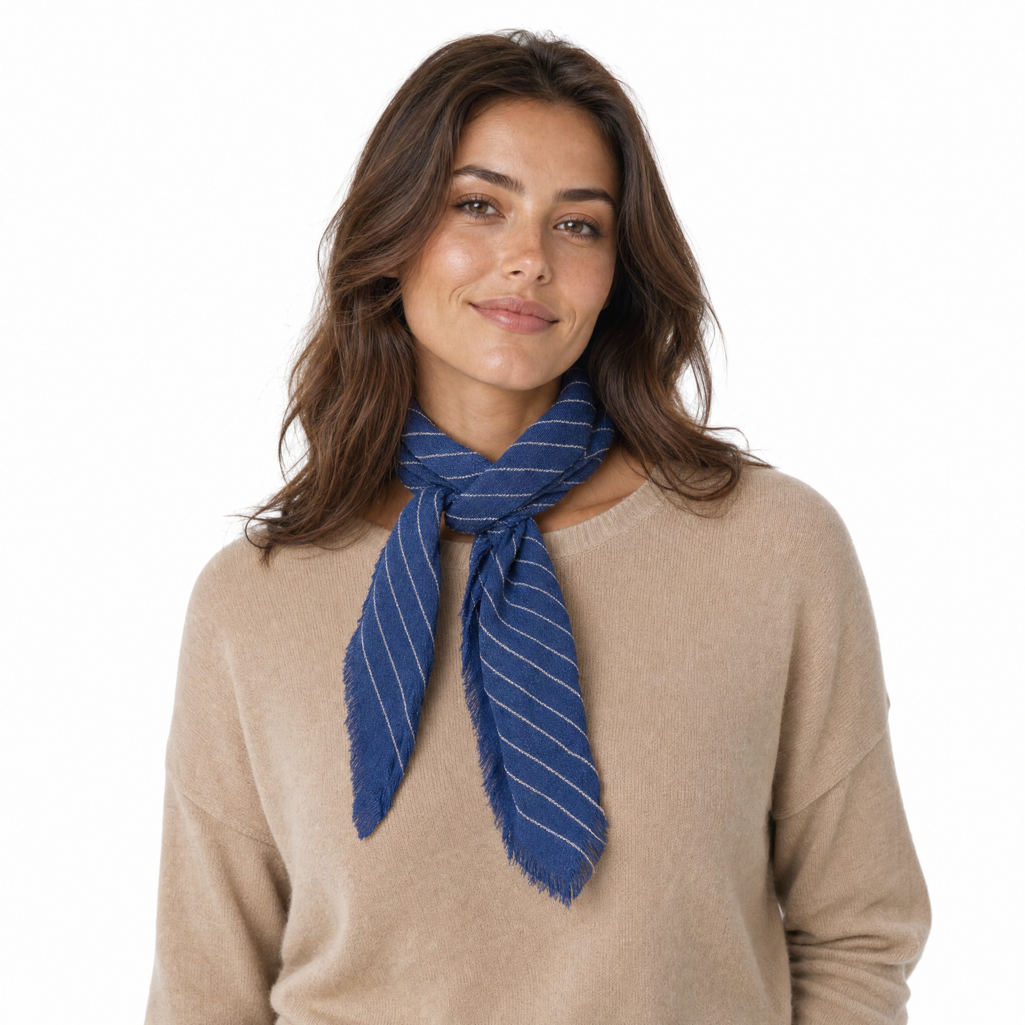 Blue Pacific Cashmere Blend Pin Stripe neckerchief in Navy, styled on a model.