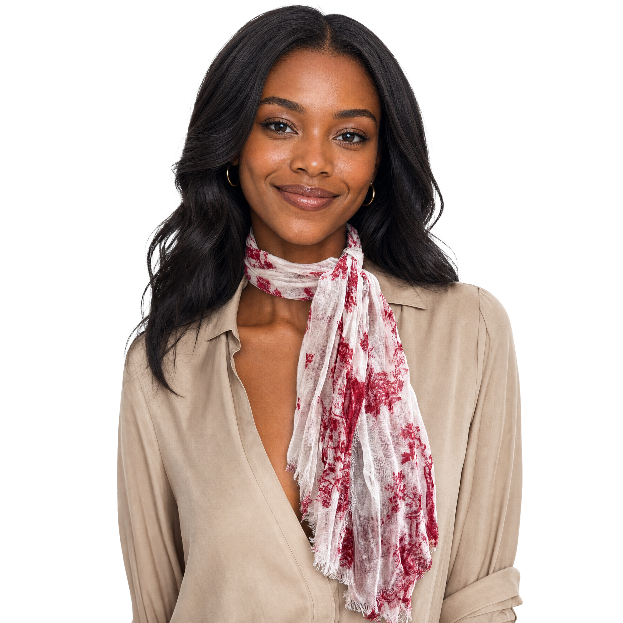 Blue Pacific English Colonial neckerchief in Crimson, shown styled.