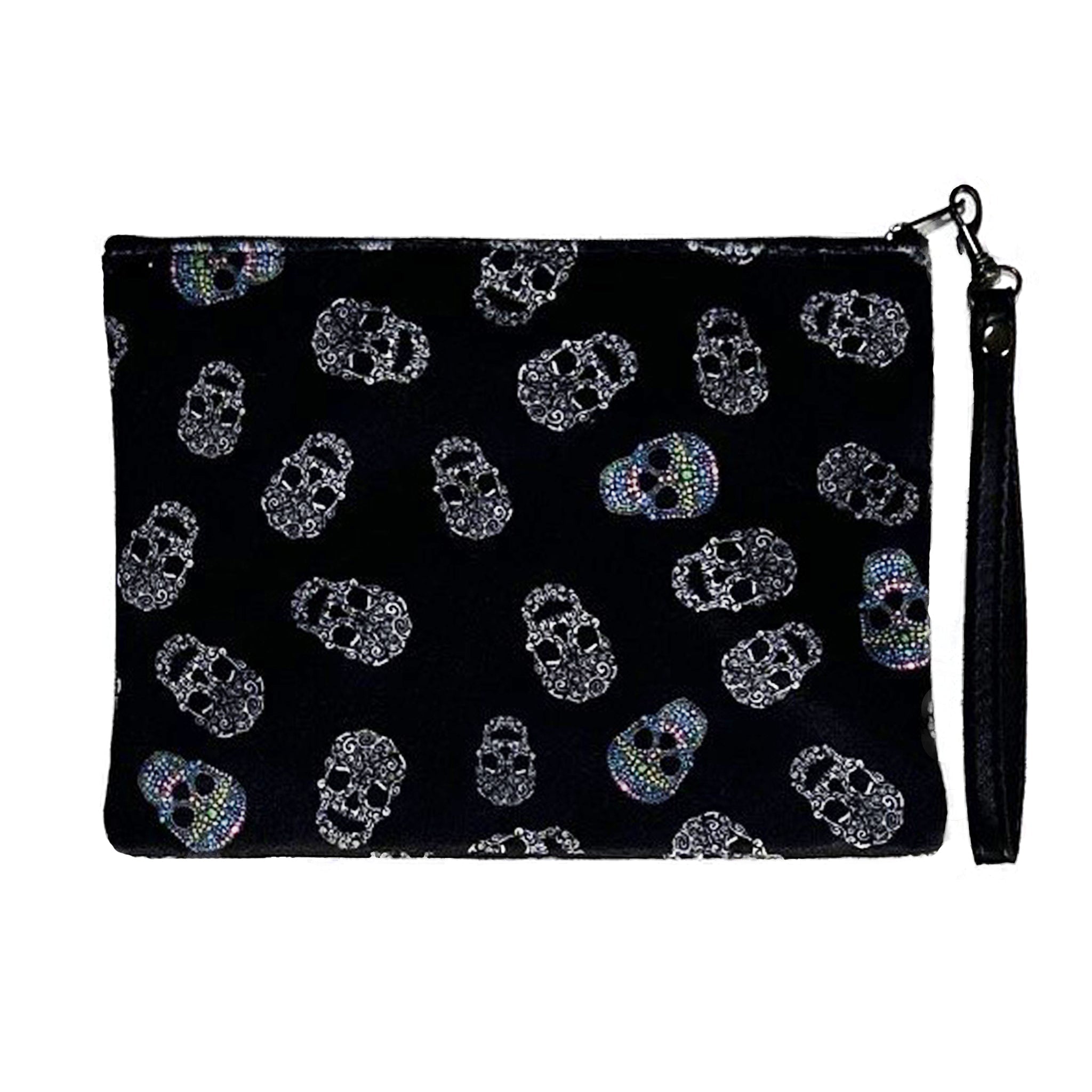 Frida Candy Skulls Faux Suede Wristlet — Blue Pacific