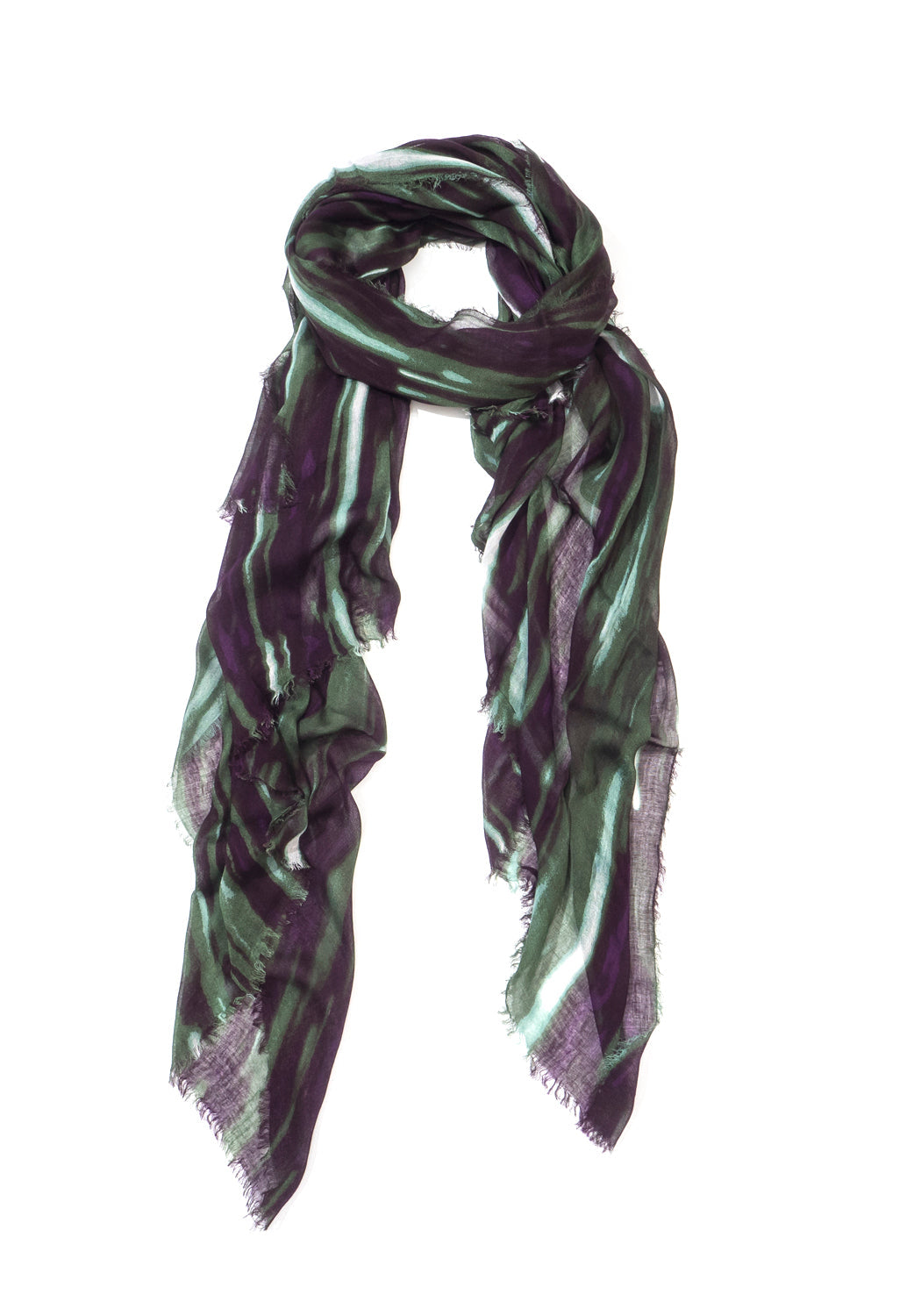 Blue Pacific Lightfall Scarf in Eggplant/Olive, shown looped once with both ends hanging down the front.