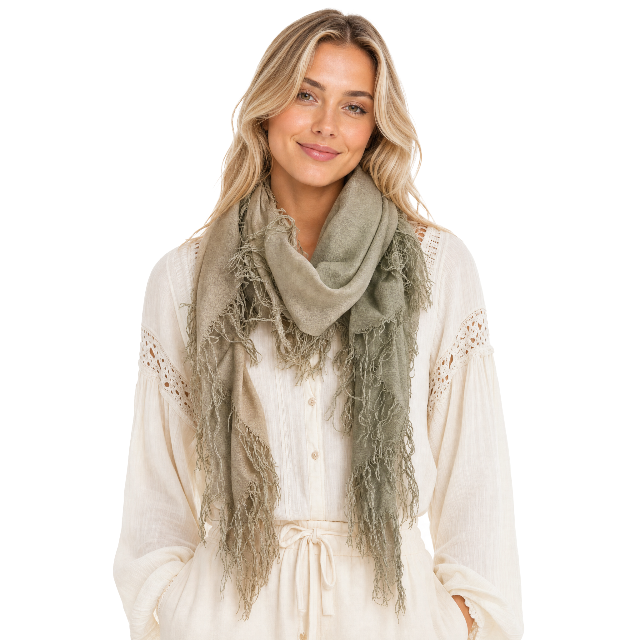 Cashmere Blend ombre Half Scarf - Olive/Moss