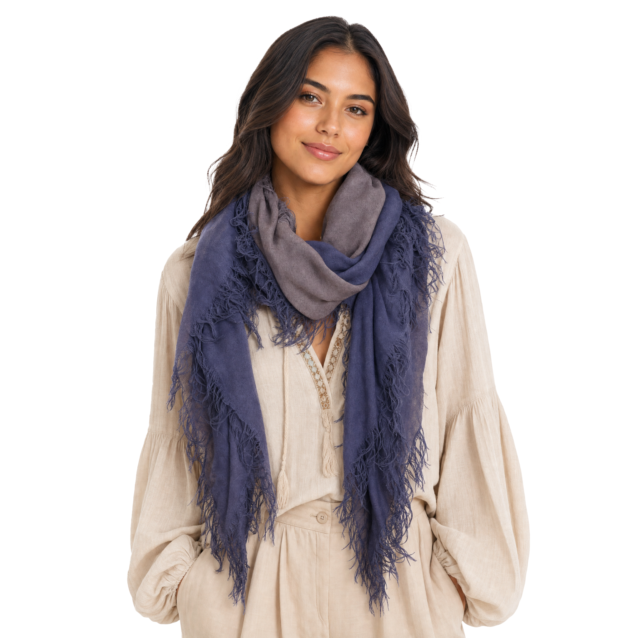 Cashmere Blend ombre Half Scarf - Indigo/Grey
