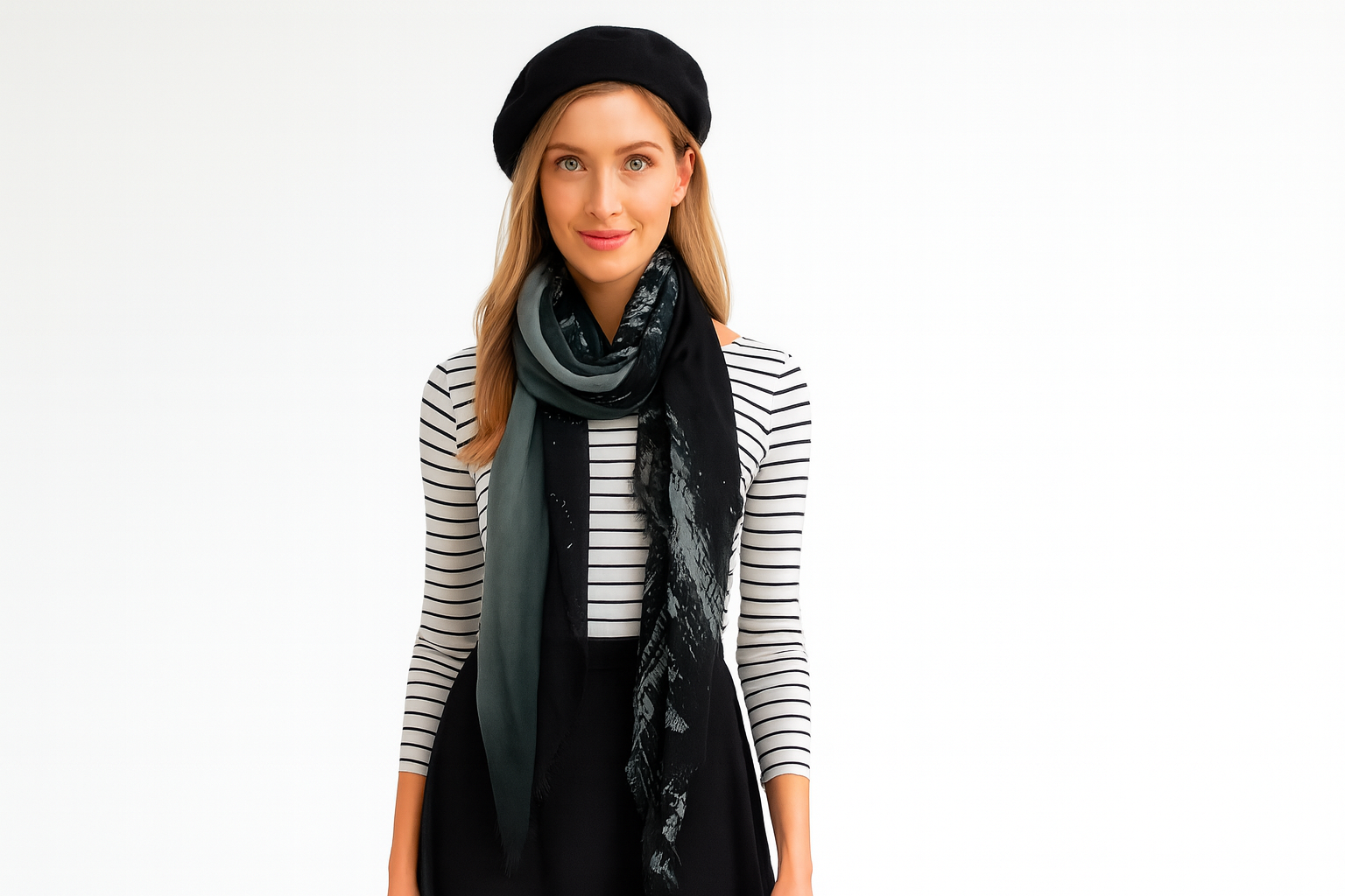Woman wearing a black beret, striped shirt, and black scarf on a white background