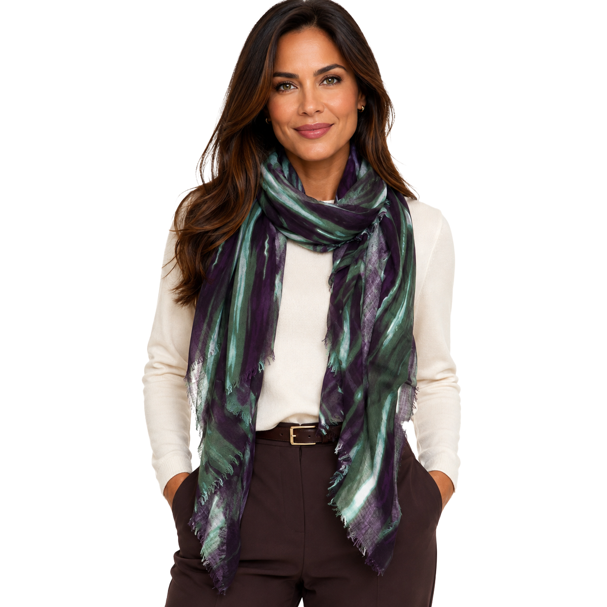 Blue Pacific Lightfall Scarf in Eggplant/Olive, shown laid flat to the full painterly stripe print.