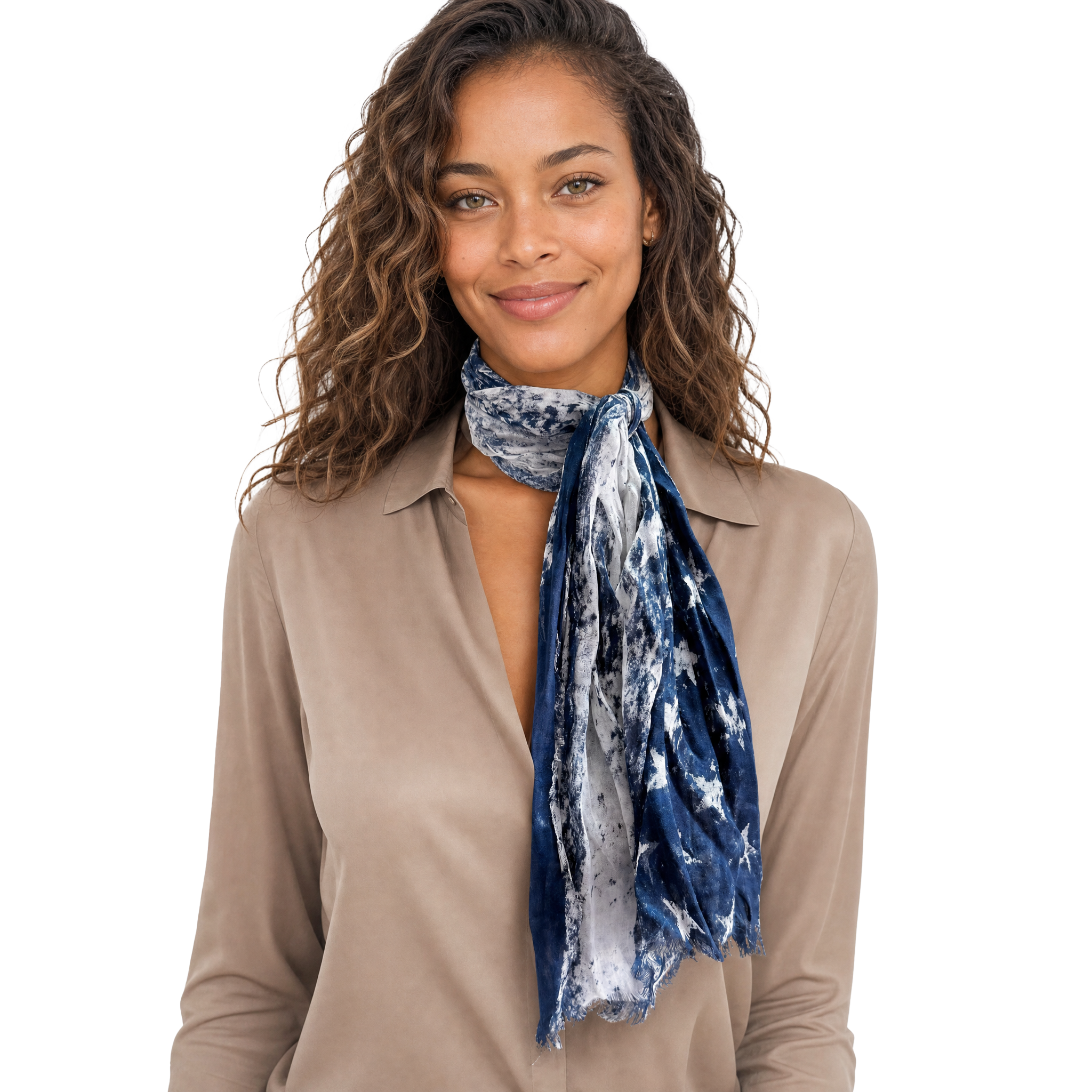 Blue Pacific Vintage Flag neckerchief in Navy, shown styled.