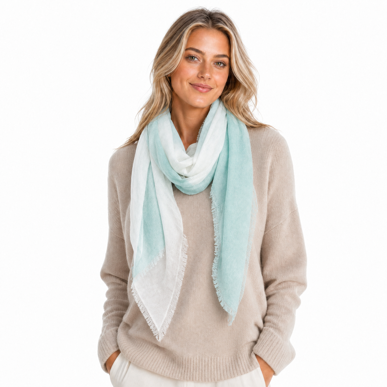 Blue Pacific Cashmere Blend Vintage Dip Dye half scarf in Aqua/Cloud, styled on a model.