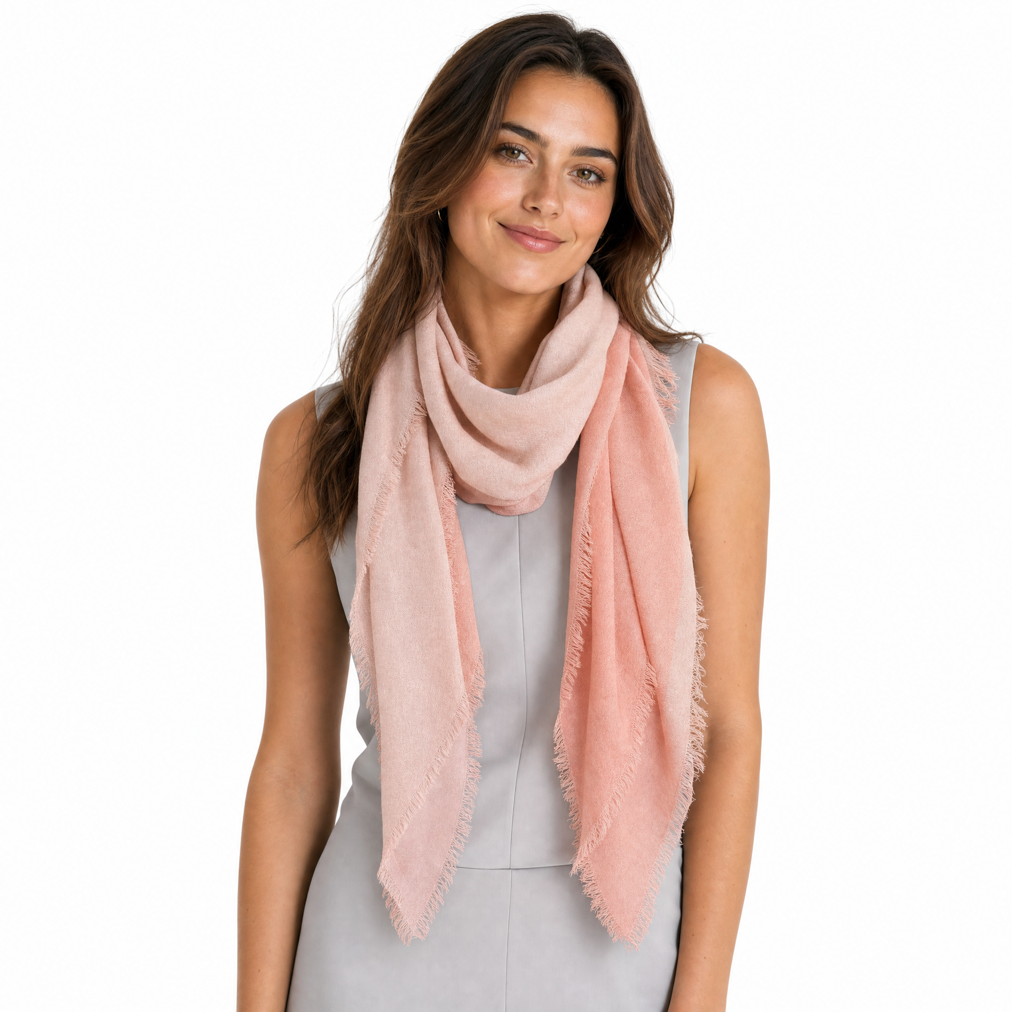 Blue Pacific Cashmere Blend Vintage Dip Dye half scarf in Dusty Rose, styled on a model.