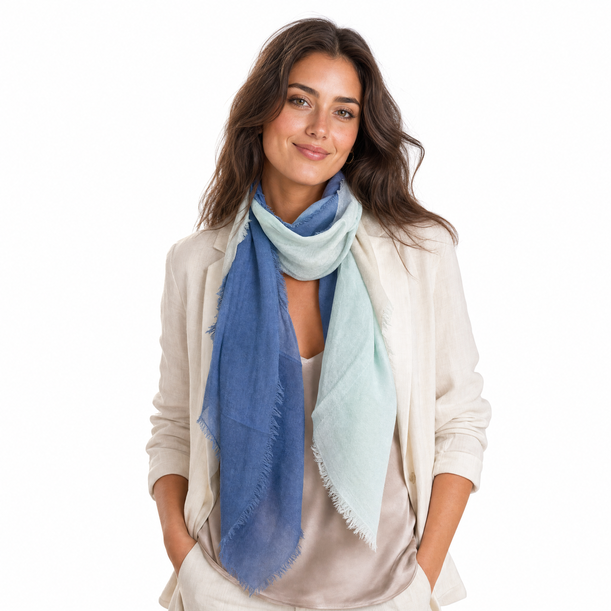 Blue Pacific Cashmere Blend Vintage Dip Dye half scarf in Navy/Aqua, styled on a model.