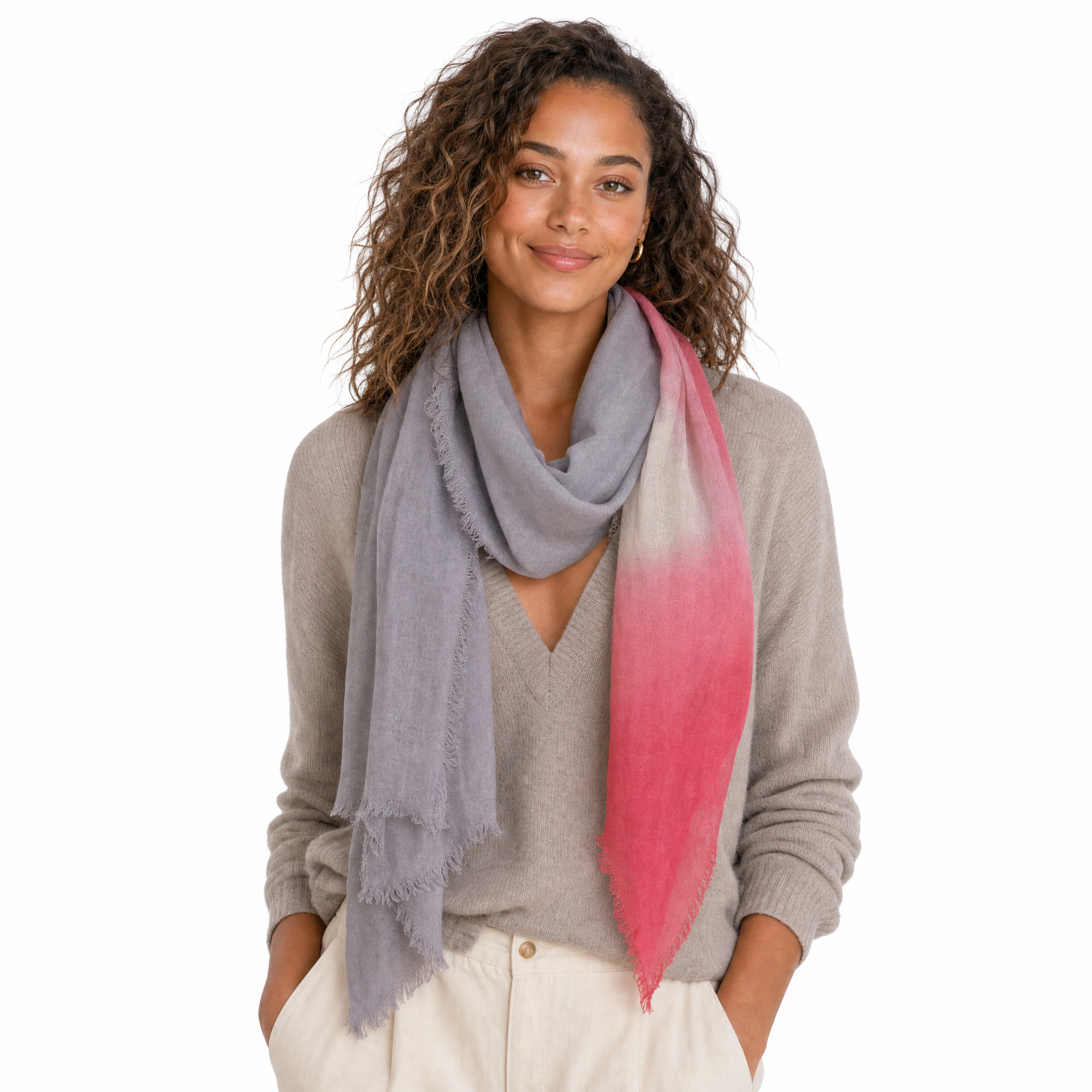 Blue Pacific Cashmere Blend Vintage Dip Dye half scarf in Red/Slate, styled on a model.