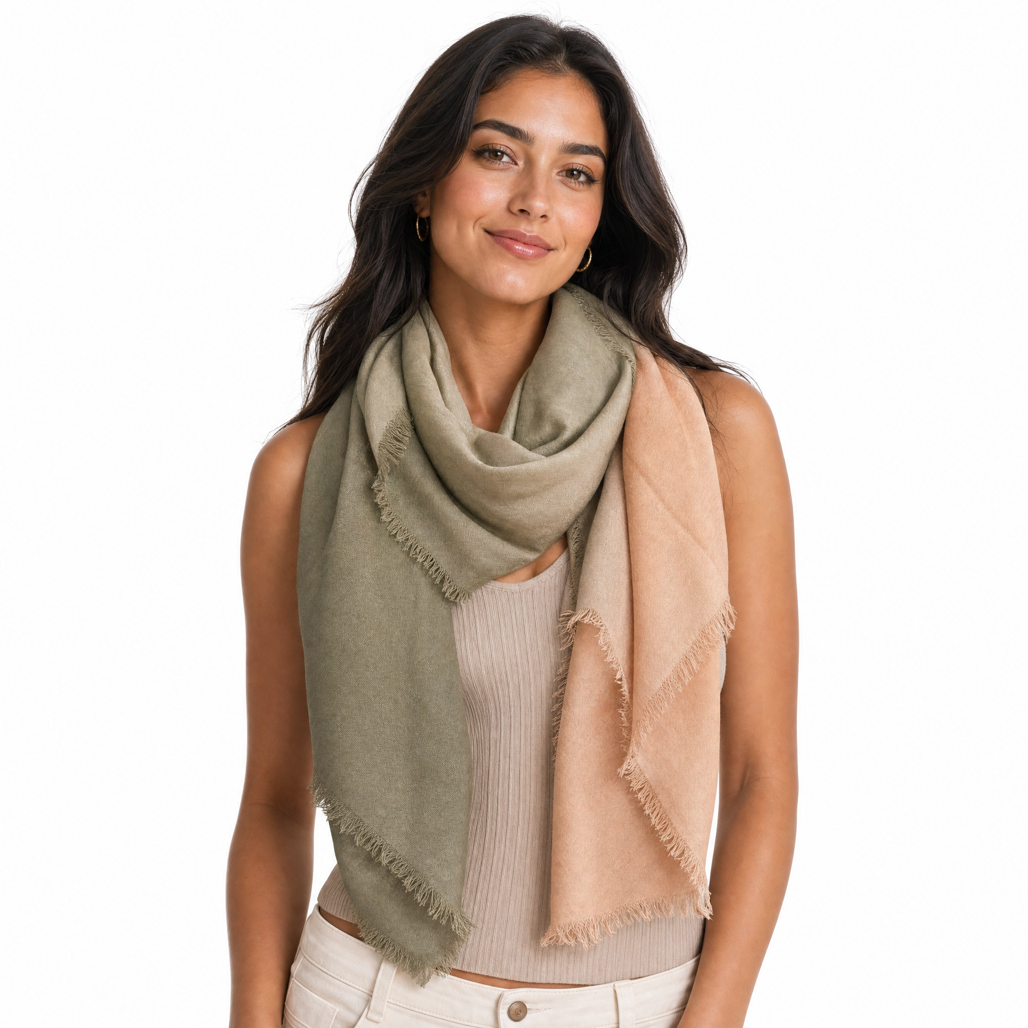 Blue Pacific Cashmere Blend Vintage Dip Dye half scarf in Taupe/Gold, styled on a model.
