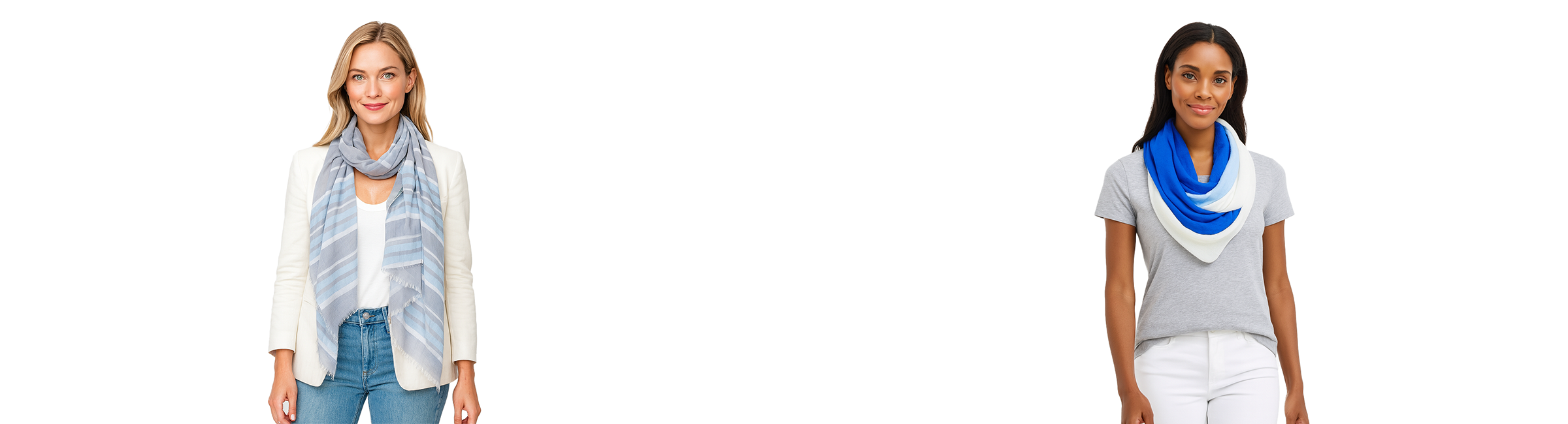 A smiling woman with wavy brown hair wears a black cardigan and jeans, styled with a vibrant fuchsia, black, and beige camo-pattern scarf, standing against a pure white studio background.