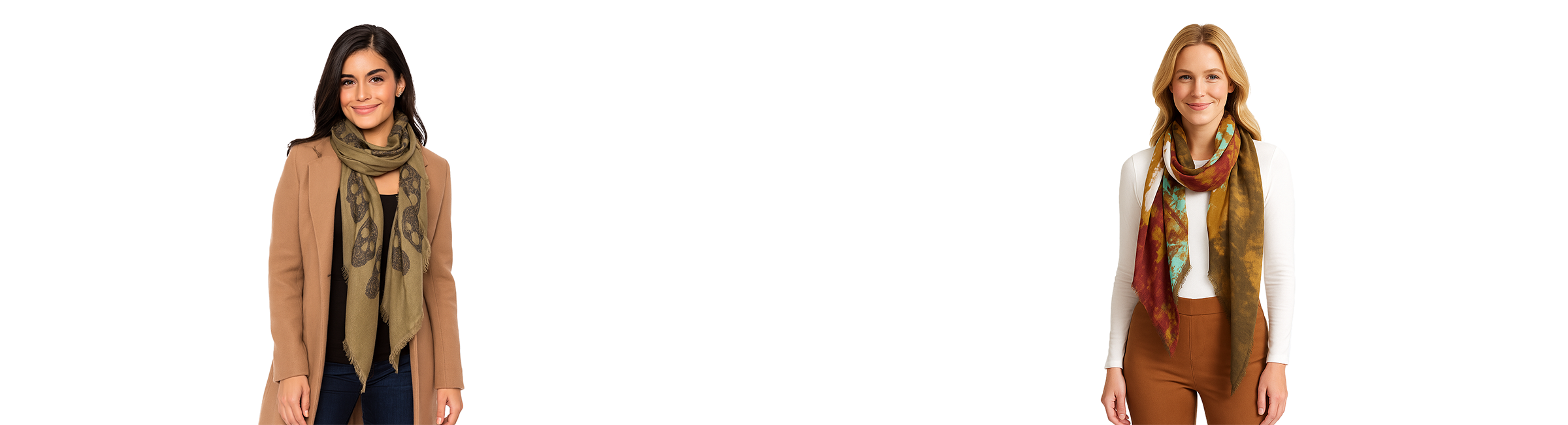 Luxurious cashmere and micromodal scarf in aqua and sky blue with darker accents, featuring soft fringed edges. Lightweight and airy, it’s styled in a loose wrap around the neck, adding elegance and comfort against a pure white background.