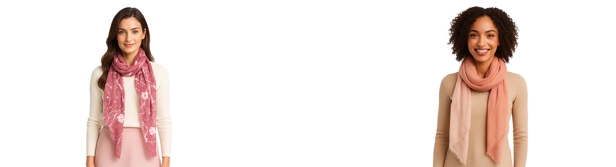 Peach-pink ombre scarf with a soft gradient from light blush to coral, featuring a lightweight, semi-sheer fabric and gently frayed edges, draped around the neck over a beige sweater.