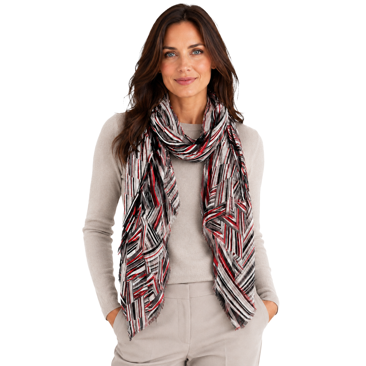 Blue Pacific Switchback Scarf in Crimson, shown worn on a model against a white studio background.