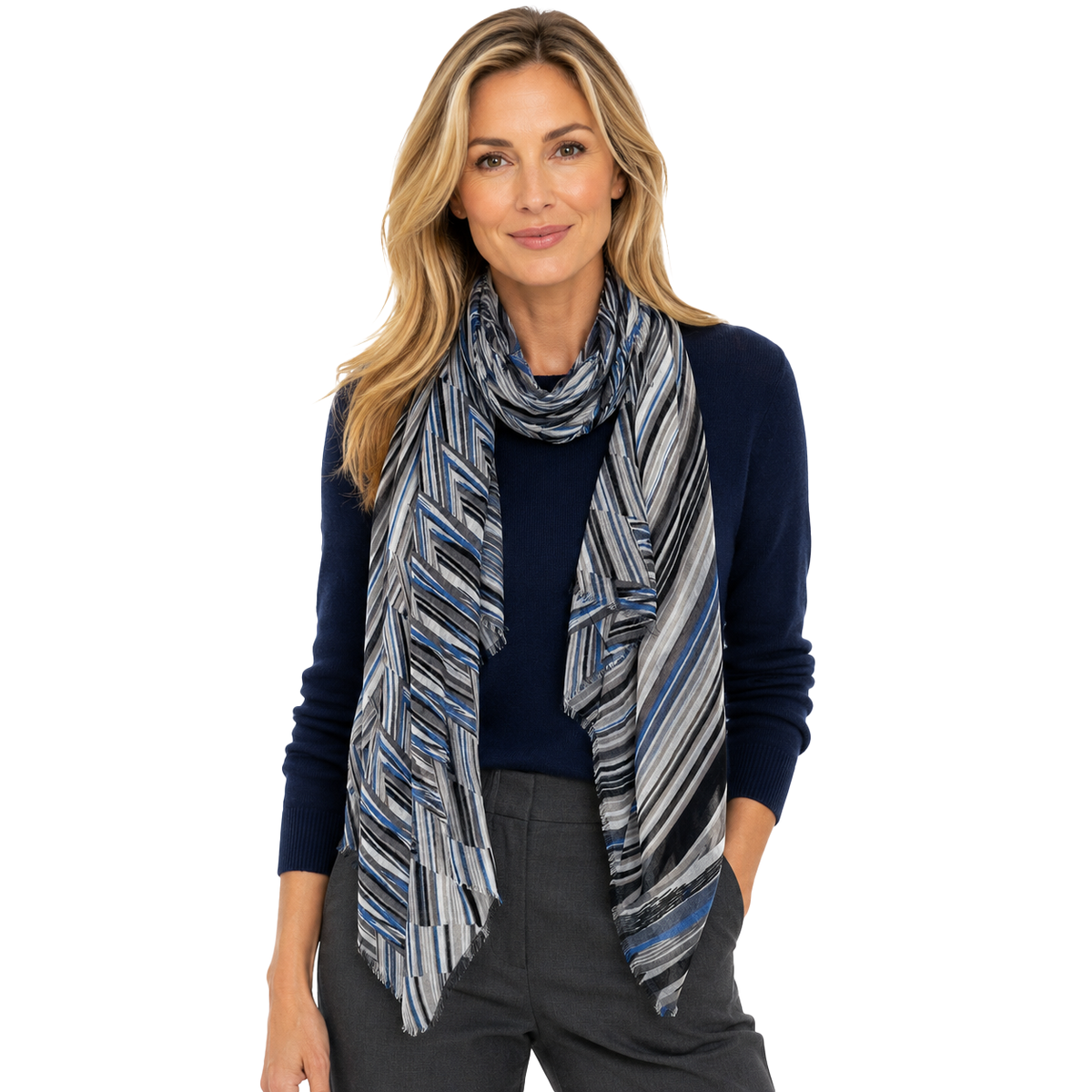 Blue Pacific Switchback Scarf in Denim, shown worn on a model against a white studio background.