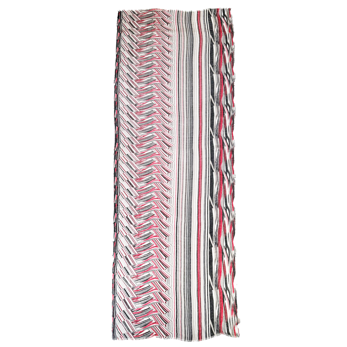 Blue Pacific Switchback Scarf in Crimson, shown laid flat to the full painterly stripe print.