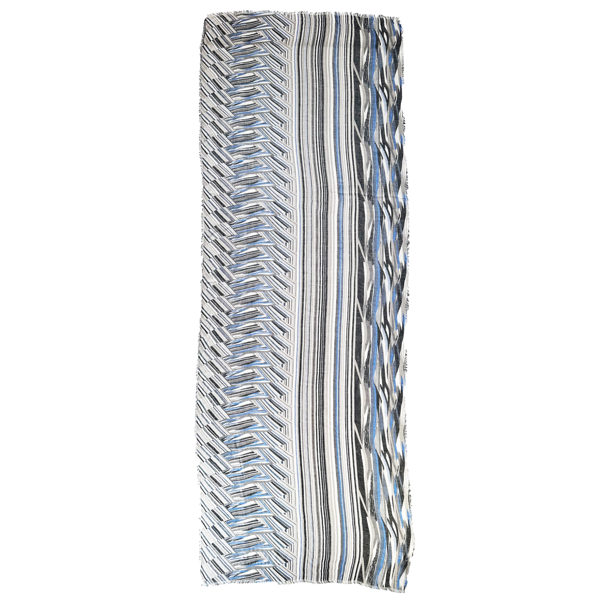 Blue Pacific Switchback Scarf in Denim, shown laid flat to the full painterly stripe print.