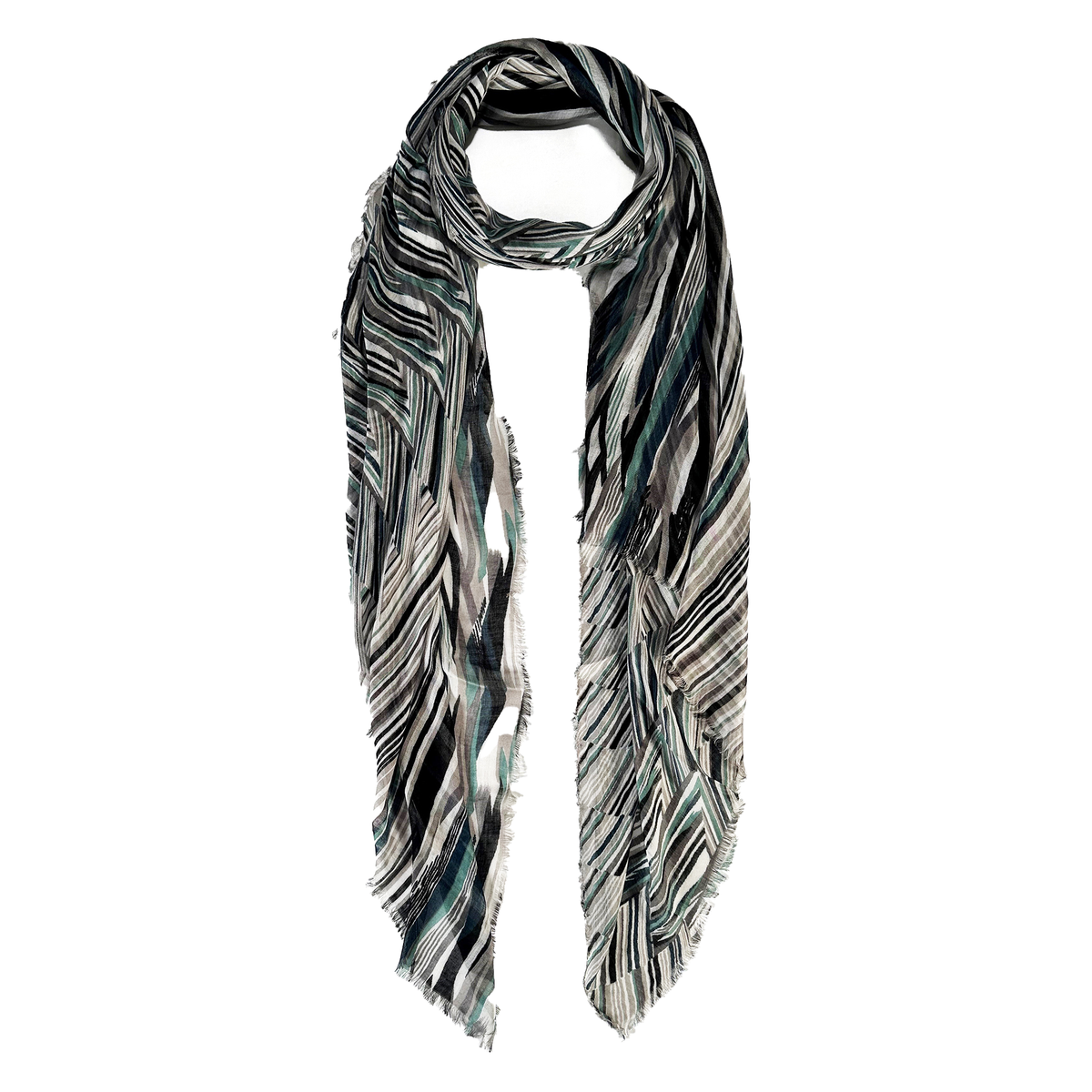 Blue Pacific Switchback Scarf in Dark Teal, shown looped once with both ends hanging down the front.