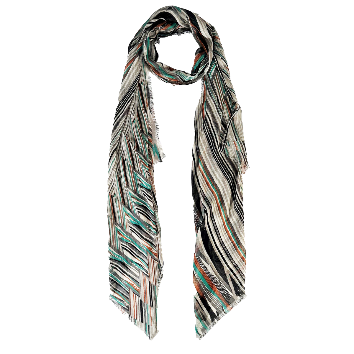 Blue Pacific Switchback Scarf in Dark Teal/Rust, shown looped once with both ends hanging down the front.
