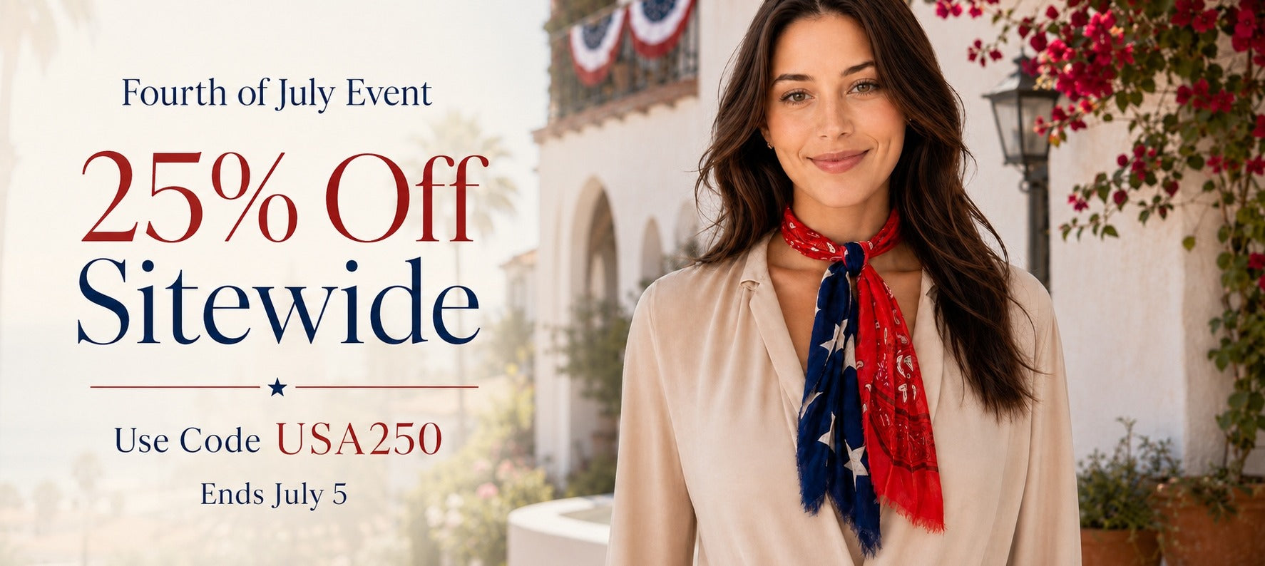 Blue Pacific Fourth of July 25% off sitewide, American flag scarf on model in Santa Barbara, desktop hero.