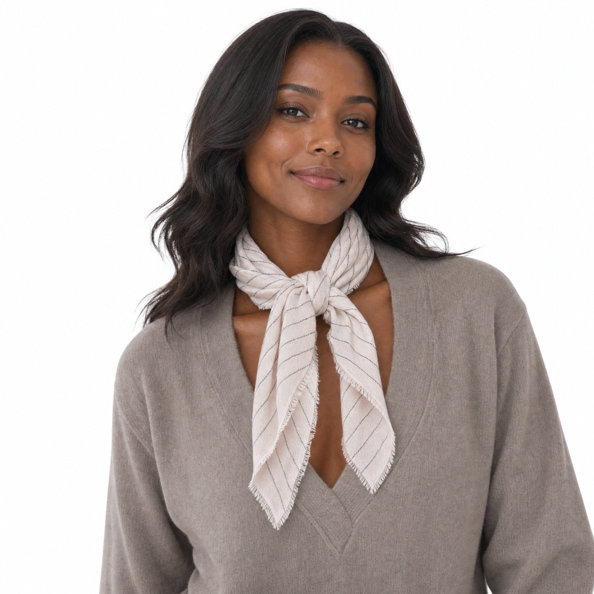 Blue Pacific Cashmere Blend Pin Stripe neckerchief in Pink, styled on a model.