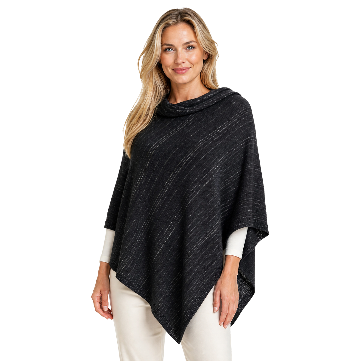 Blue Pacific Heavenly Spa Poncho in Black, shown on model.