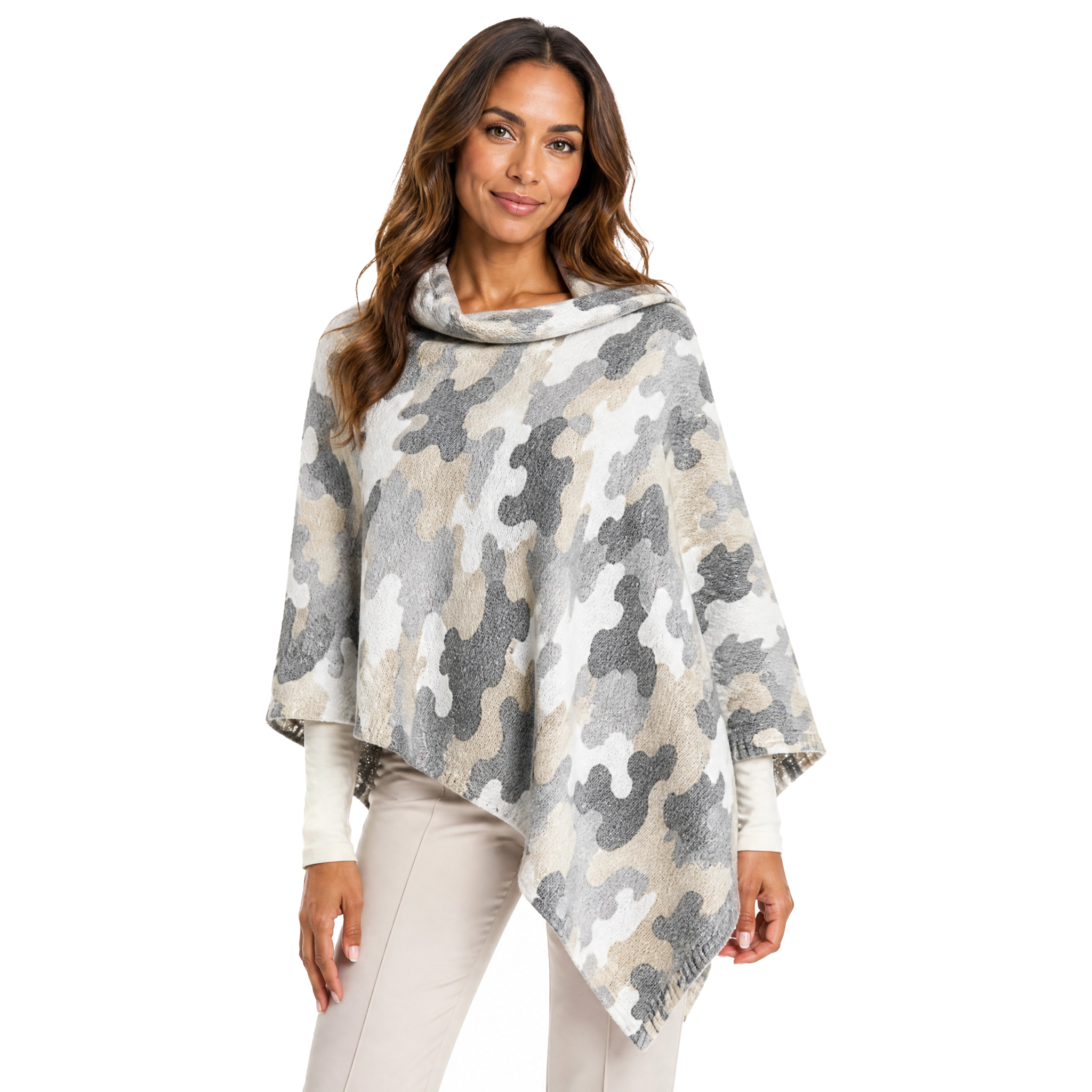 Blue Pacific Heavenly Spa Poncho in Camo - Cloud, shown on model.