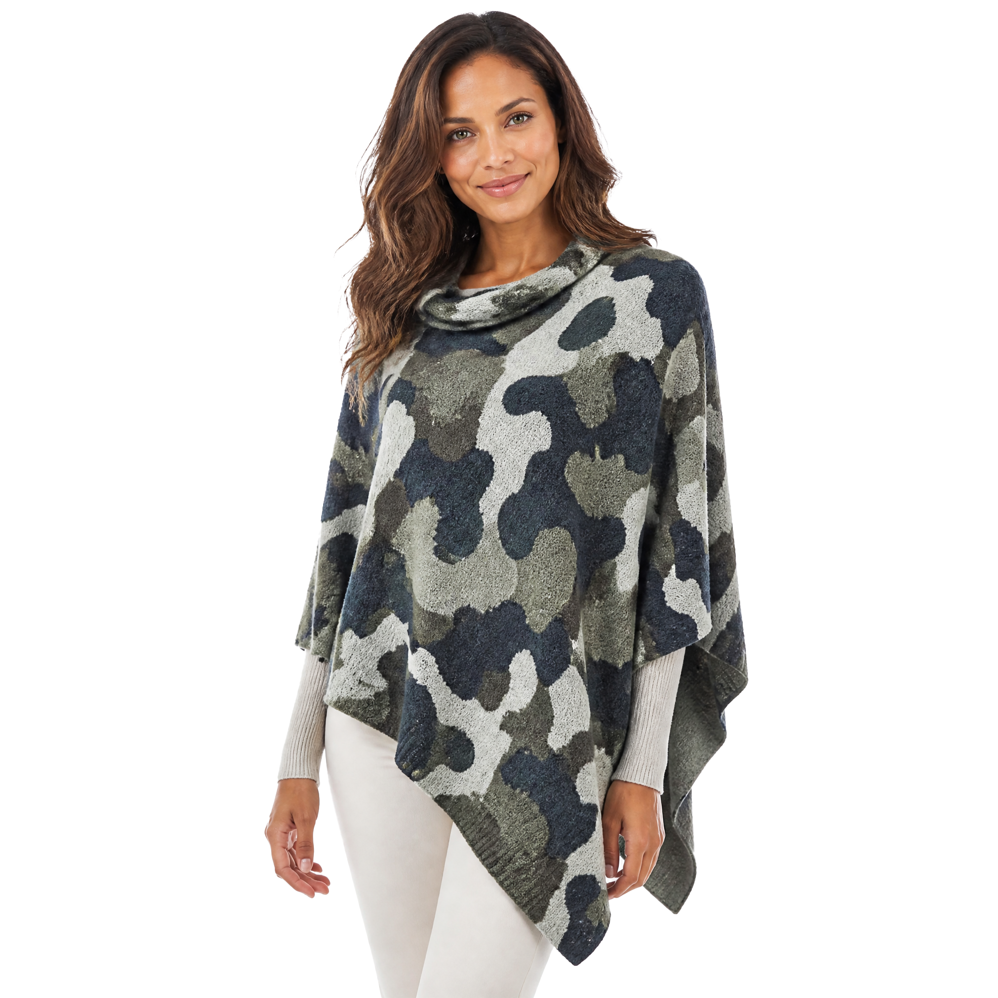 Blue Pacific Heavenly Spa Poncho in Camo - Olive, shown on model.