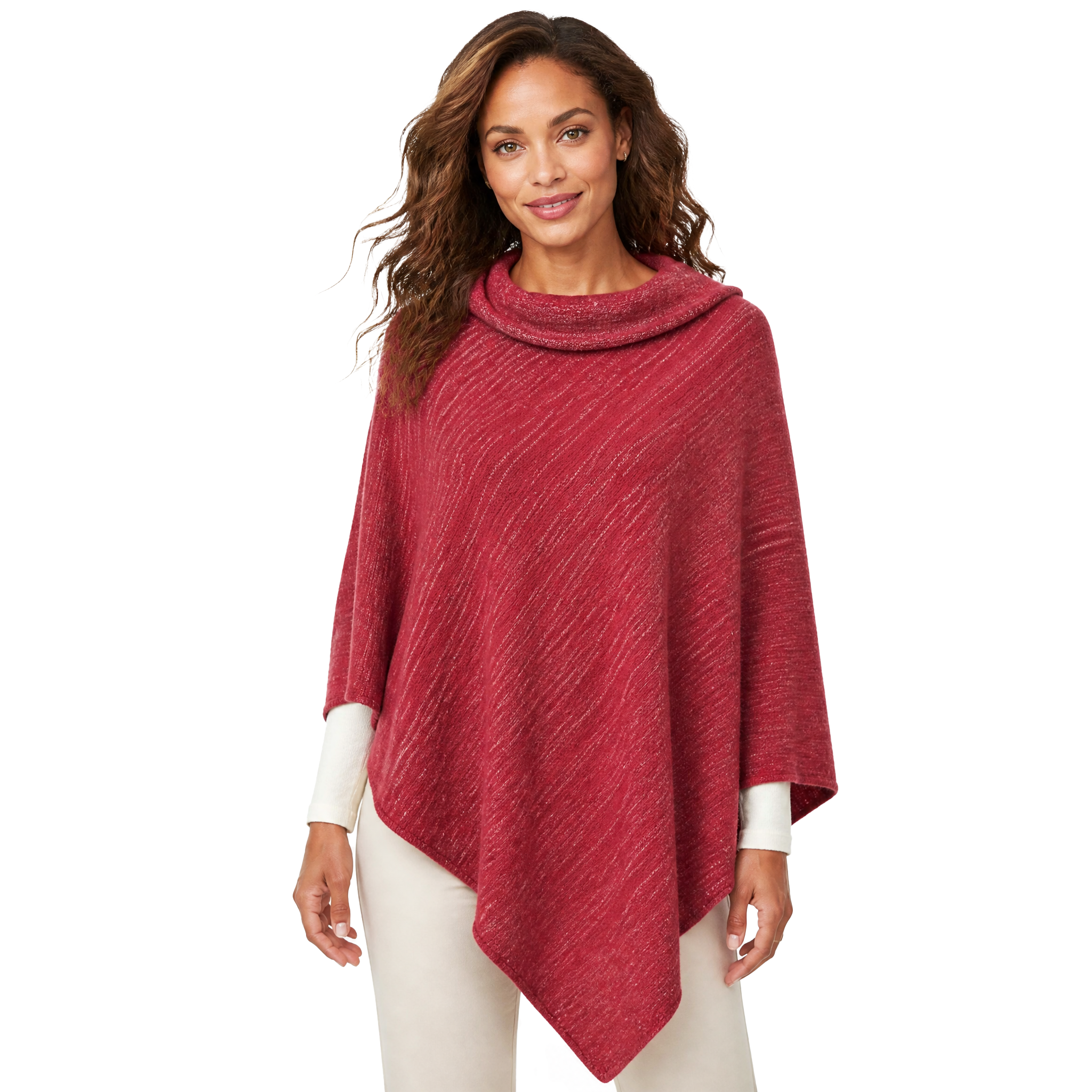 Blue Pacific Heavenly Spa Poncho in Crimson Gold, shown on model.
