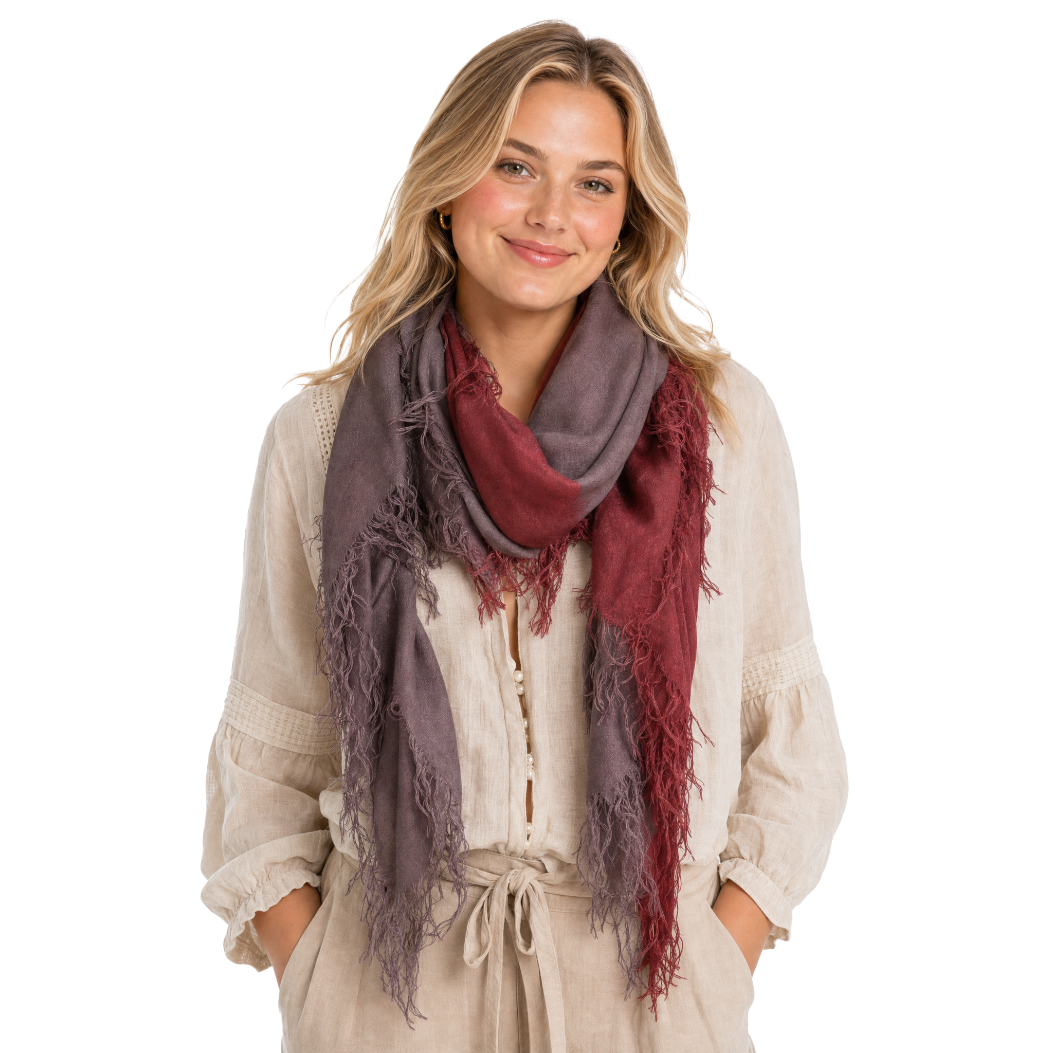 Cashmere Blend ombre Half Scarf - Slate/Burgundy