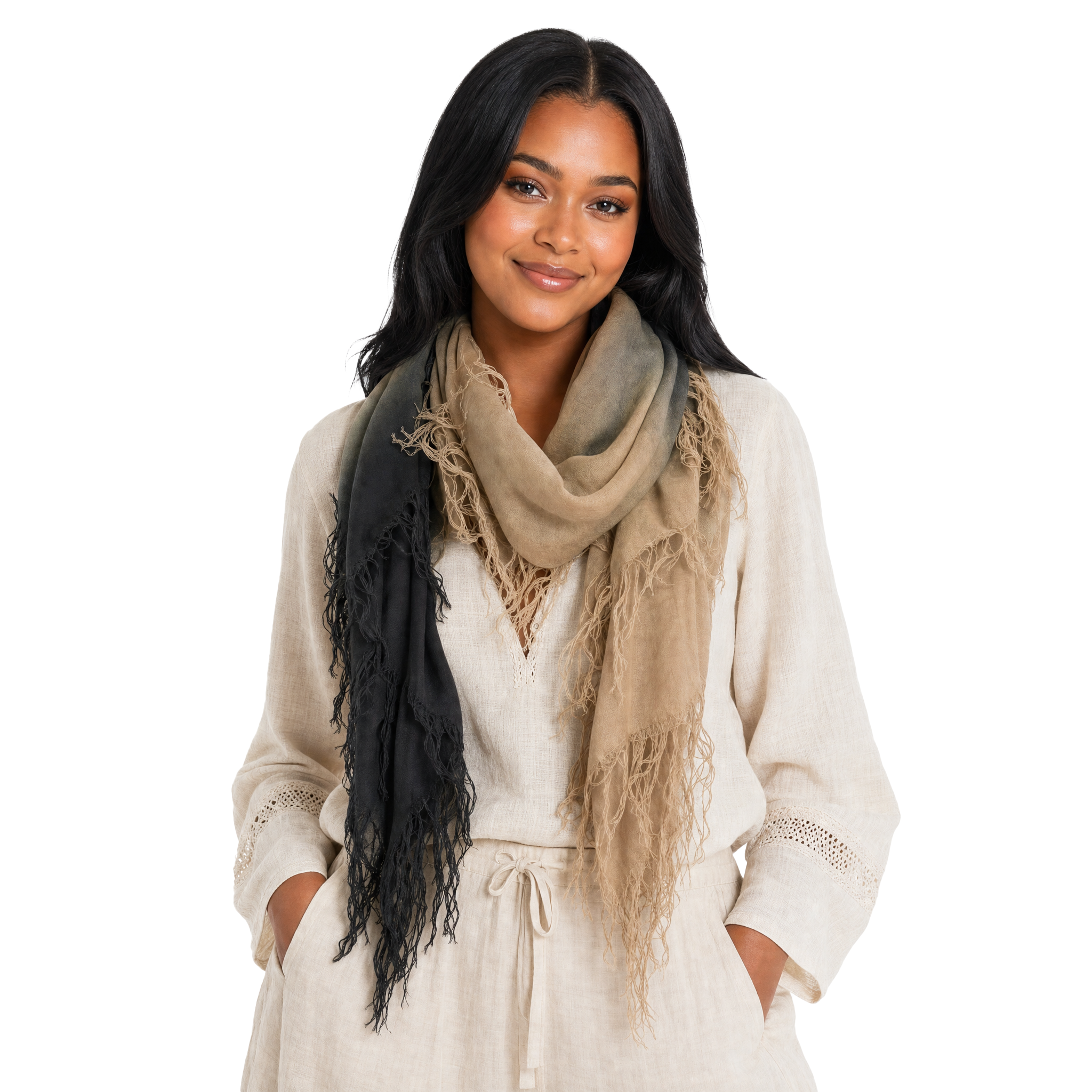 Cashmere Blend ombre Half Scarf - Black/Taupe