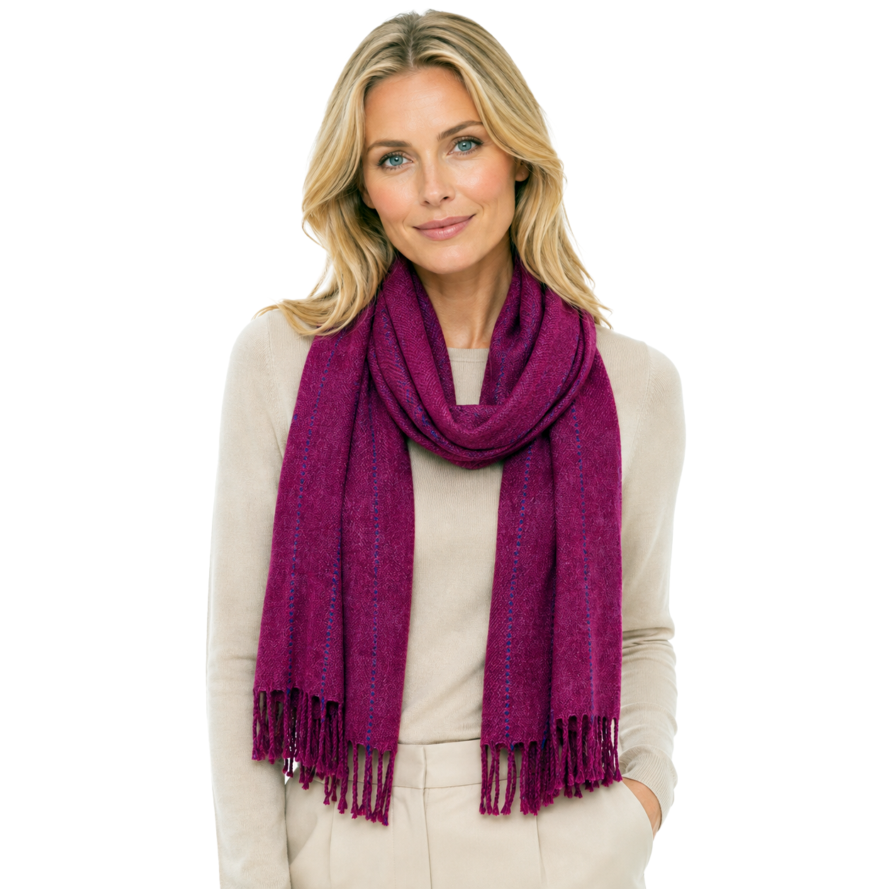 Blue Pacific Sloane Pinstripe Cashmere-Wool Scarf in Burgundy, shown lifestyle (image 1).