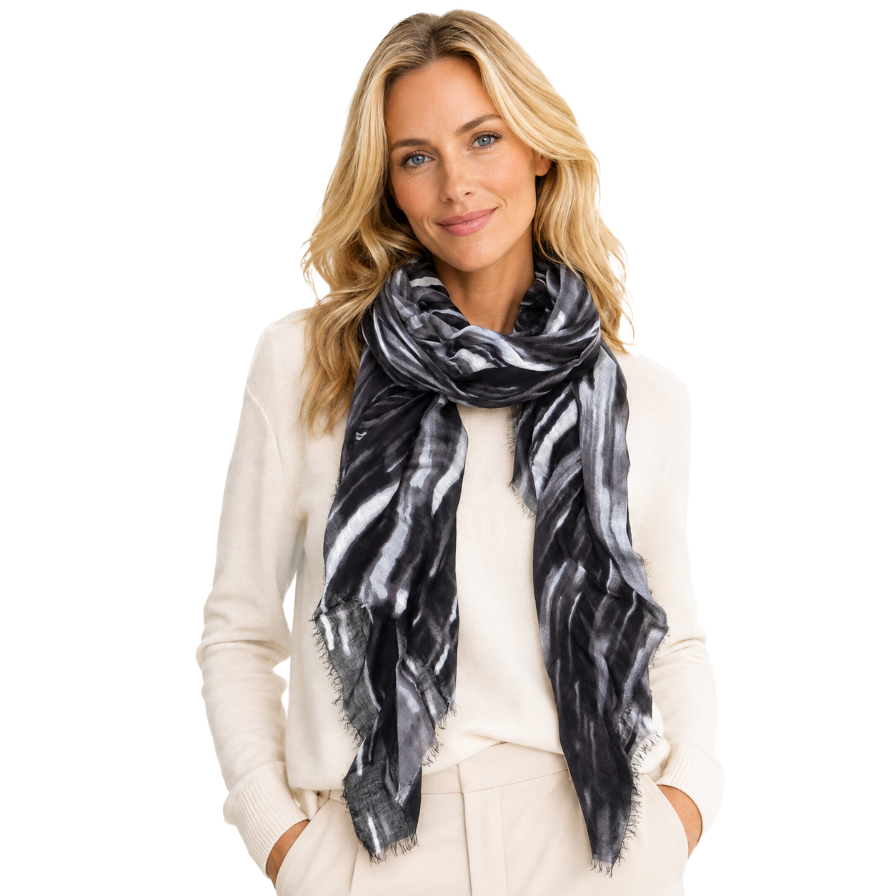 Blue Pacific Lightfall Scarf in Black, shown looped once with both ends hanging down the front.