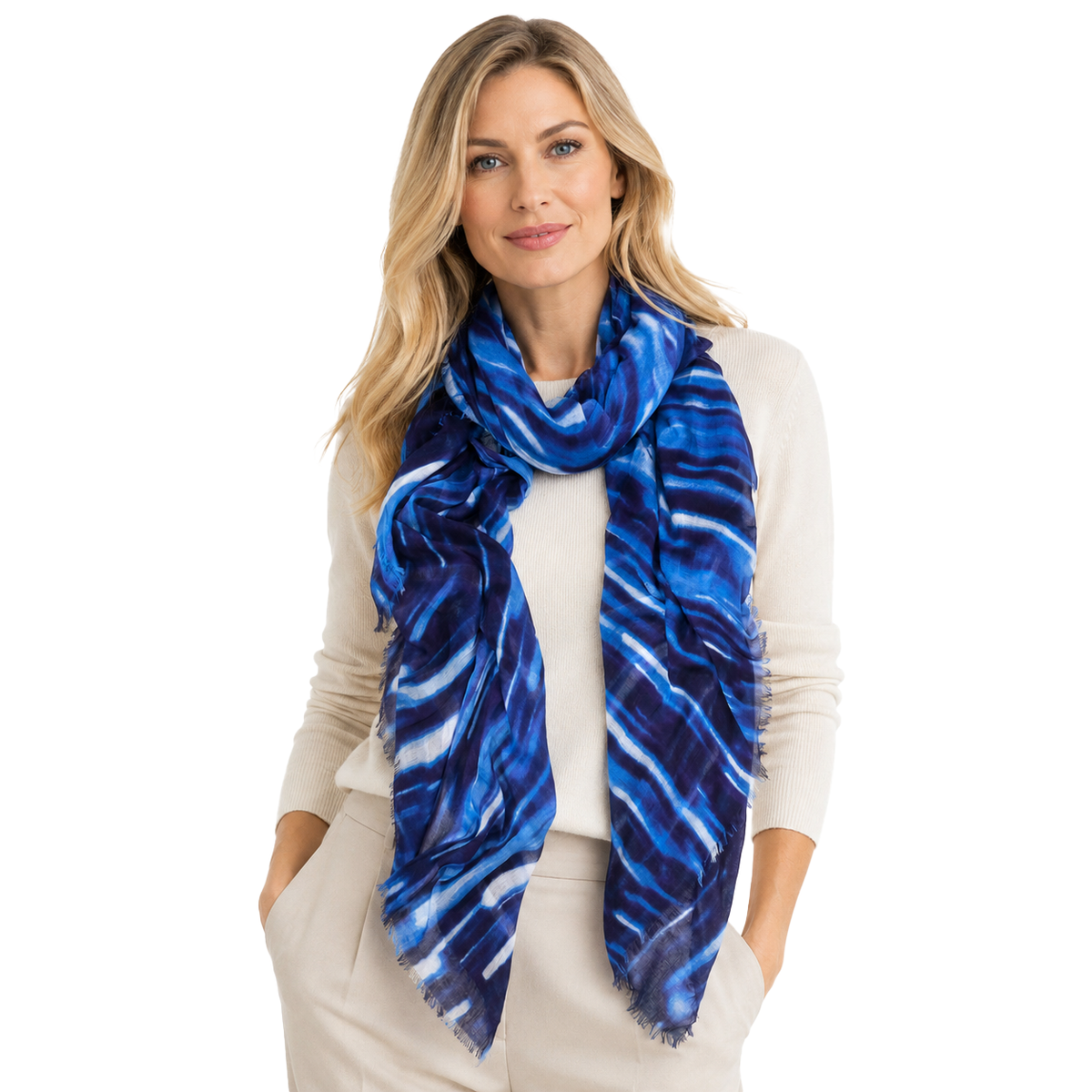 Blue Pacific Lightfall Scarf in Cobalt, shown worn on a model against a white studio background.