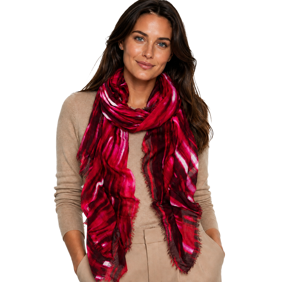 Blue Pacific Lightfall Scarf in Crimson, shown worn on a model against a white studio background.
