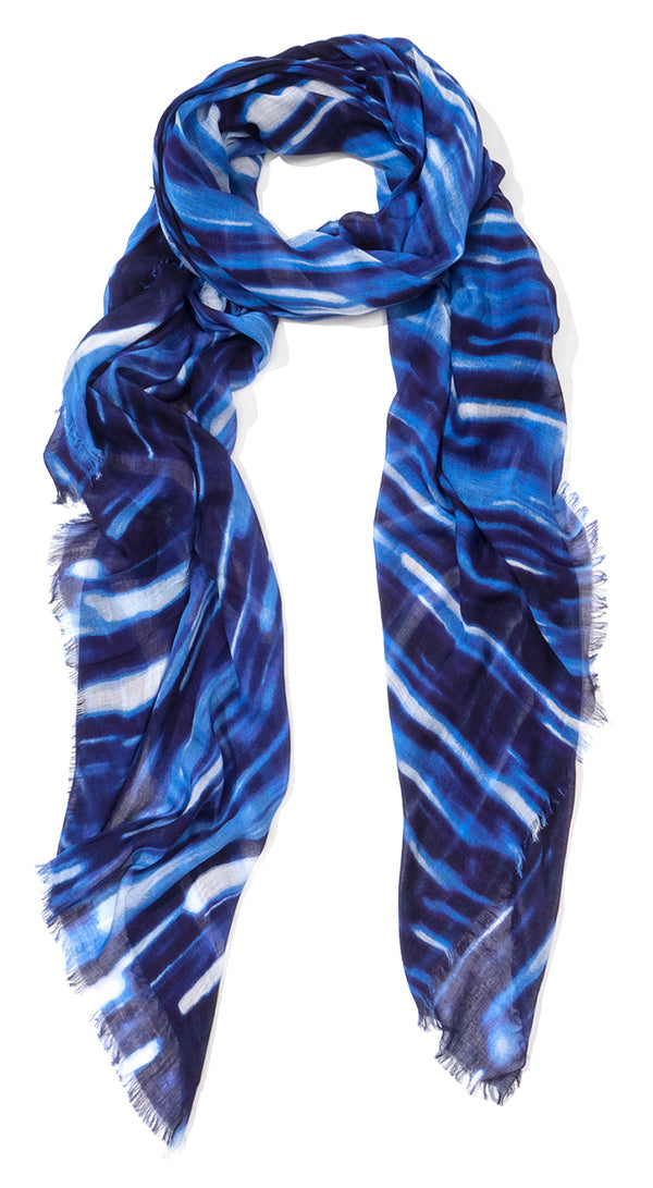 Blue Pacific Lightfall Scarf in Cobalt, shown looped once with both ends hanging down the front.