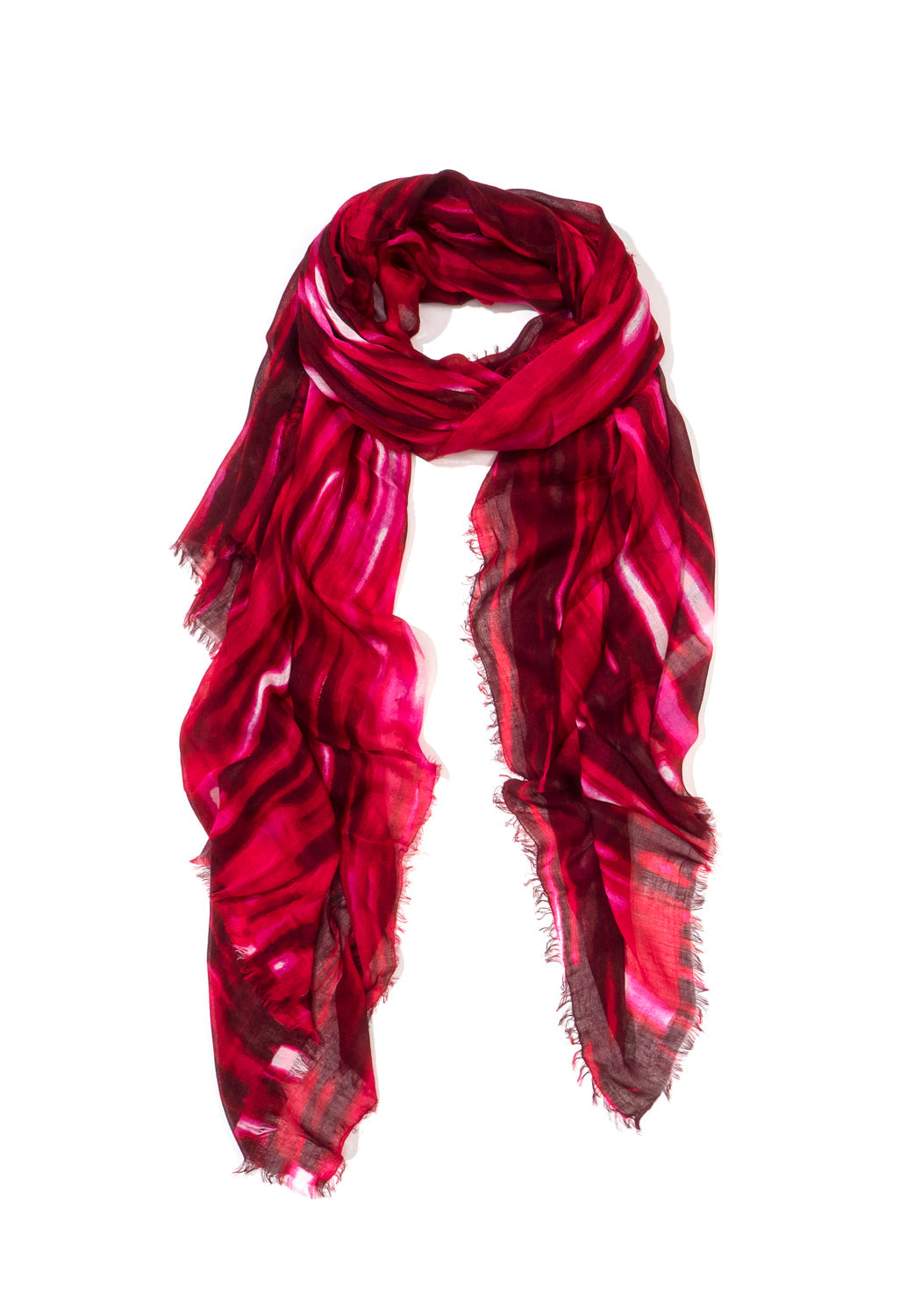 Blue Pacific Lightfall Scarf in Crimson, shown looped once with both ends hanging down the front.