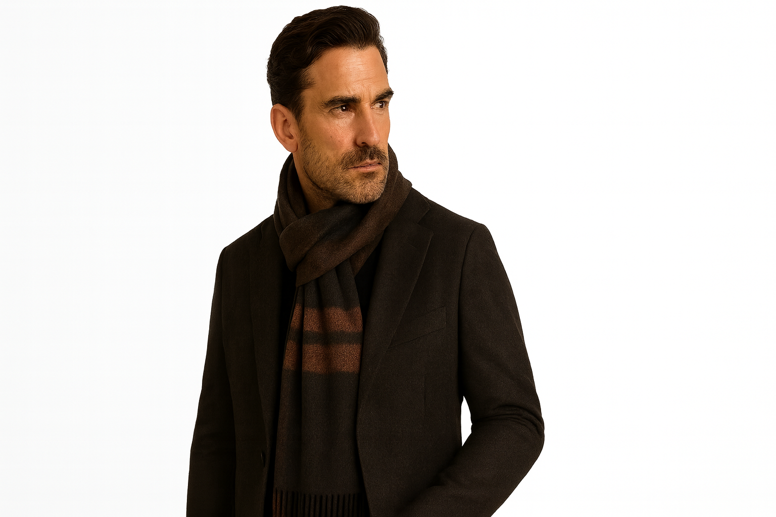 Man wearing a dark coat and scarf on a white background