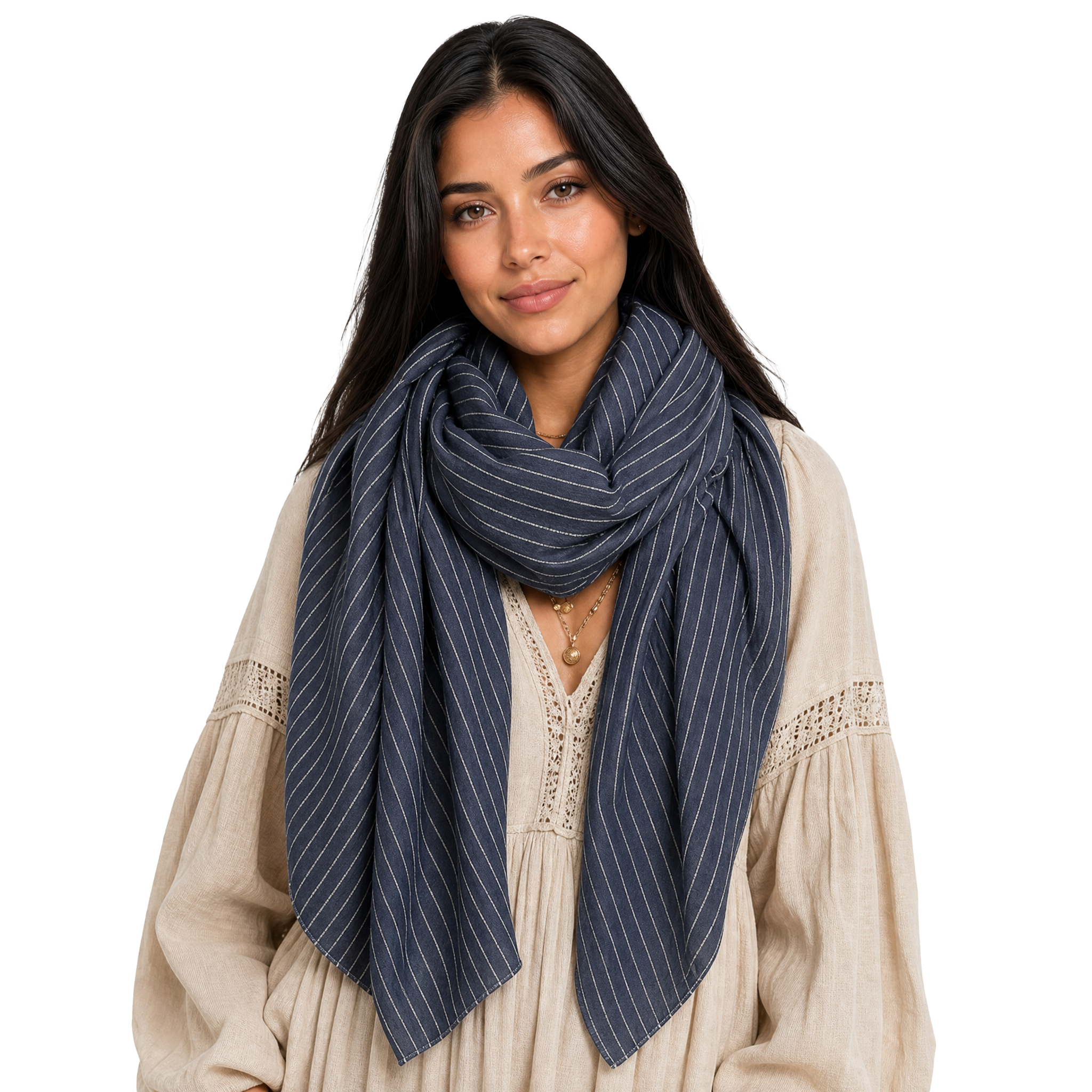 Cashmere Blend pin stripe Half Scarf - Navy
