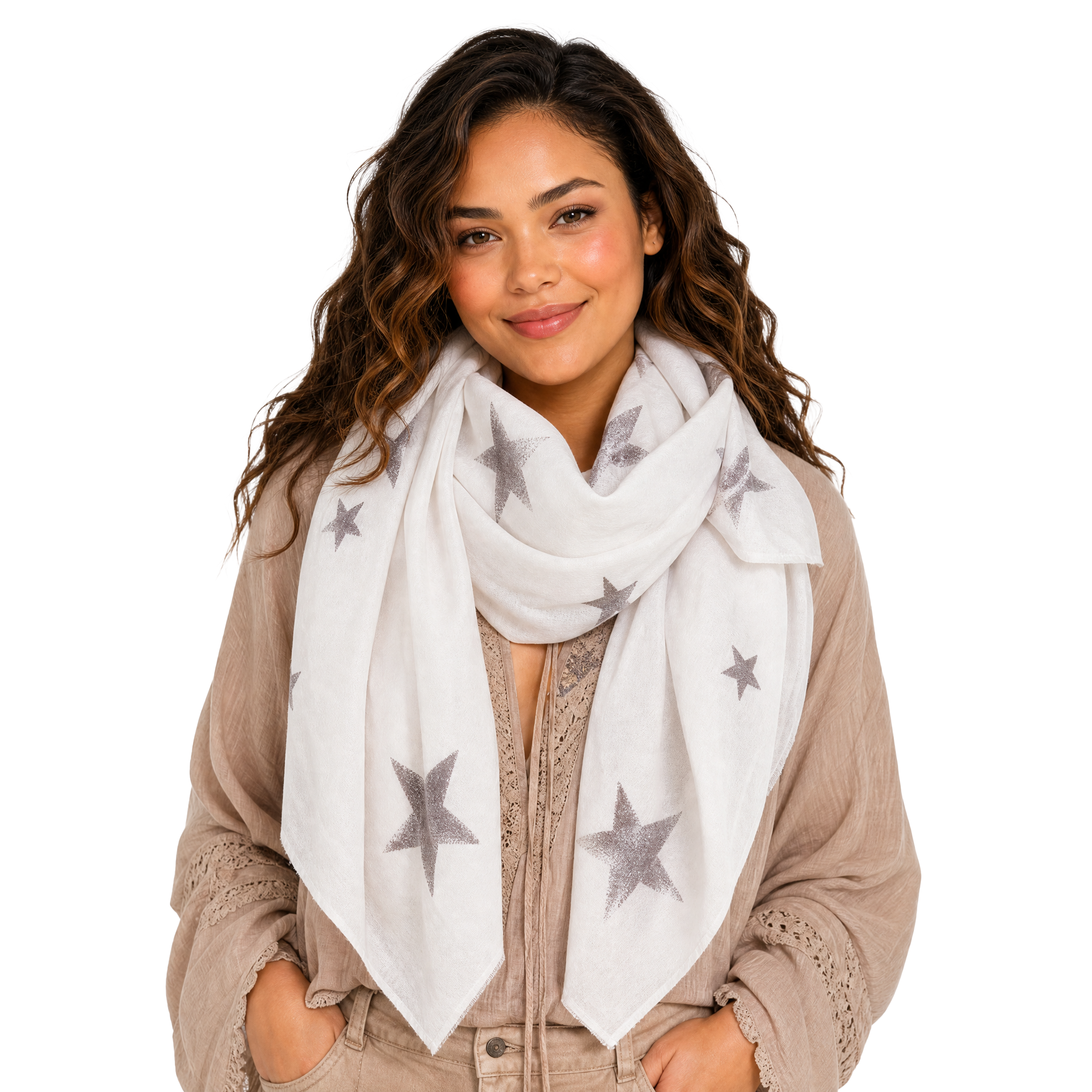 Cashmere Blend stars Half Scarf - Cloud
