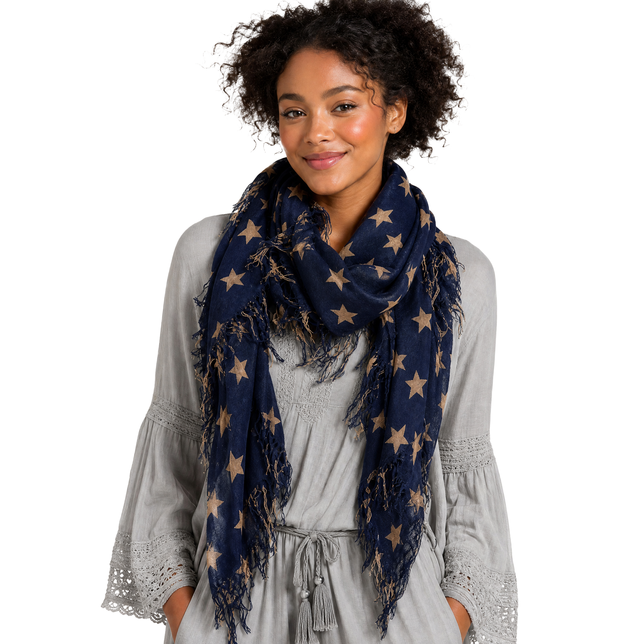 Cashmere Blend stars Half Scarf - Navy/Tan