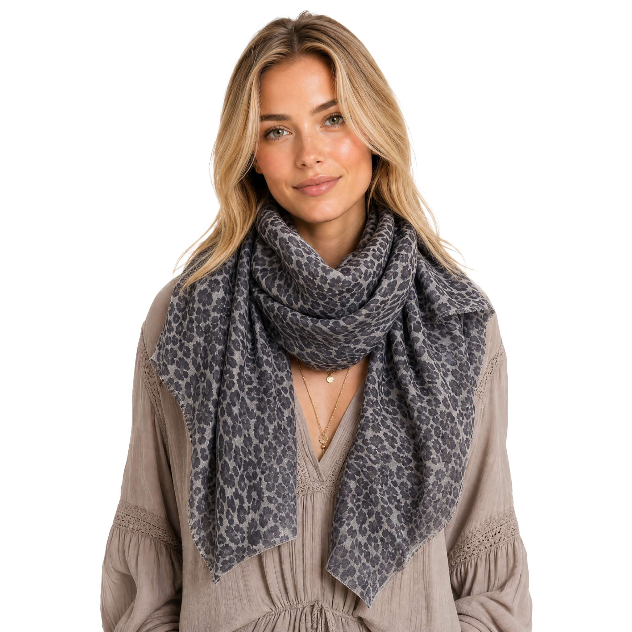 Cashmere Blend leopard Half Scarf - Snow